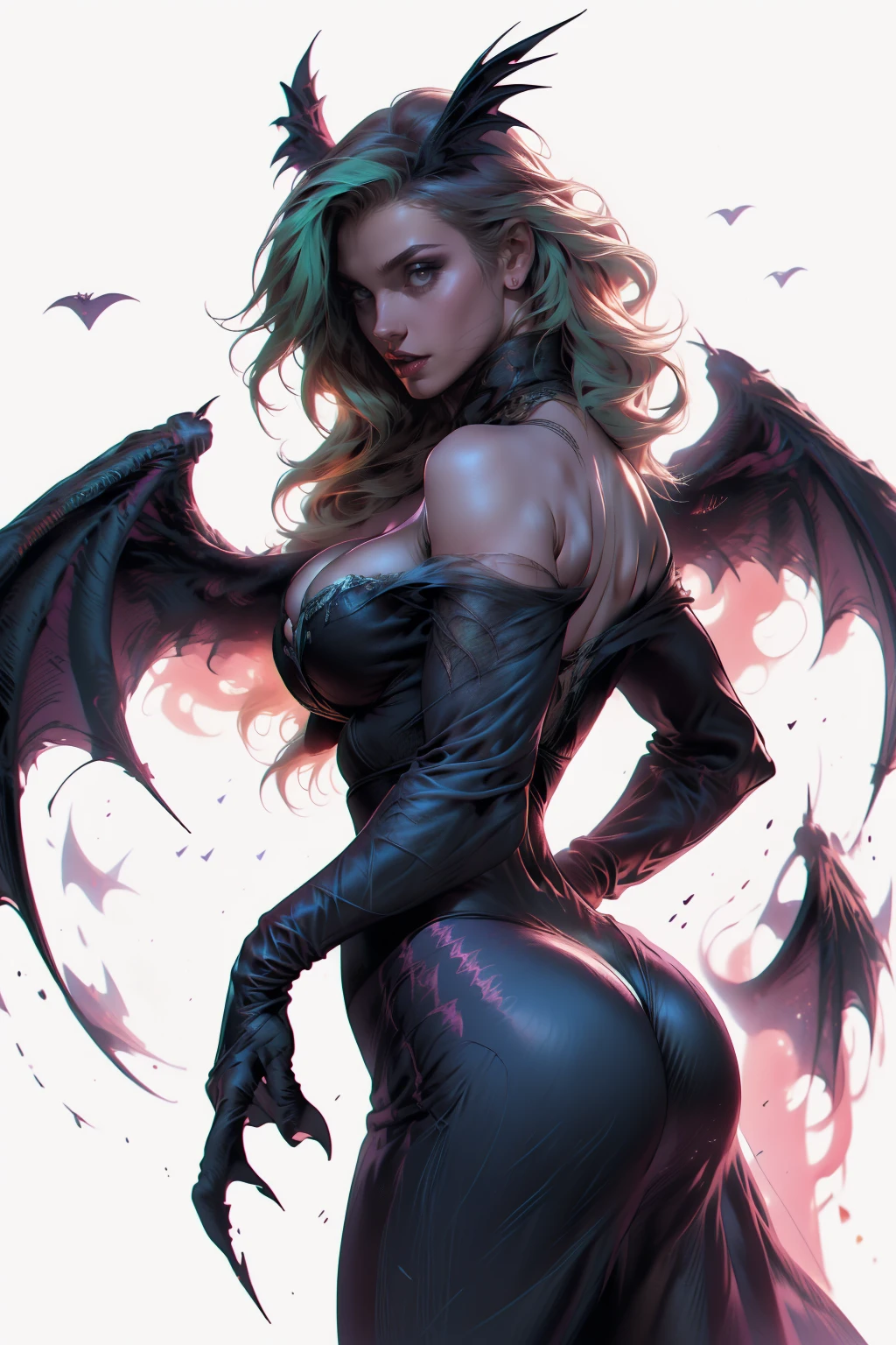 tmasterpiece，Evil smiling vampire portrait，Evil countenance，Black and white bat wings，A frame eroded by darkness and light, full body view, white hair, clean background