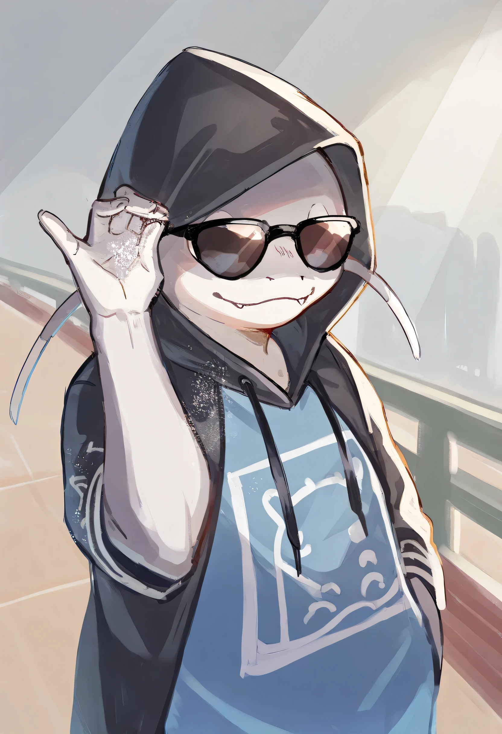 1other, namazu, masterpiece, good quality, newest, very awa, absurdres, best quality, highres, masterpiece, (16K), HD, Various facial details, detailed background, very detailed, Eyes details, high resolution, high quality, correct anatomy, sunglasses, (solo), top quality, paid reward available, unparalleled masterpiece, perfect artwork, (saltbaememe), salt, Trendy Fashion, Streetwear, Fashionable Clothing, hood