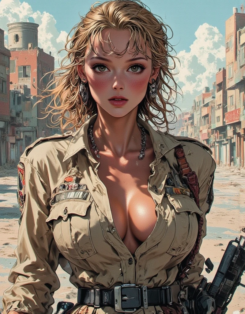 Wasteland Punk, ((Realistic lighting, Best quality, 8K, Masterpiece: 1.3)), (Clear focus: 1.2), 1girl, (Perfect Body Beauty: 1.4), (Slim Abs: 1.1), ((Dark Brown long Hair, Huge-Breasts: 1.3)), (Black cleavage cut-out tight shirt: 1.4), (short skirt:1.3), intricate clothes, detailed clothes, (Outdoor: 1.1), (luined MadMax sand area background:1.2), sand, inspiration from madmax, Super Fine Face, Fine Eyes, Double Eyelids, Exposed cleavage, seductive cleavage, attractive cleavage, perfect anatomy, 8.5 life size, beautiful heroine face:1.2, human detailed body, looking up the viewer, facing the viewer, character focus, leaning forward, crossed legs, from below, low angle, gravure photo portrait,