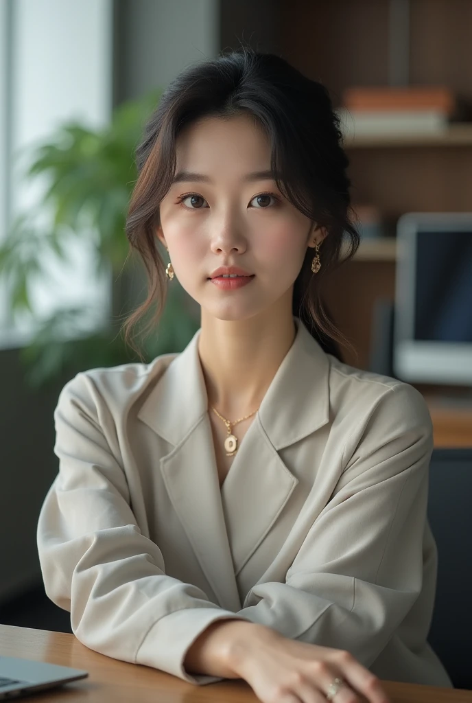 Asian woman in cream clothing sitting at desk, Gentle and lovely,news broadcast, news clips, Smile,high quality news clips, News report, evening news program, television news, girl, news clips,