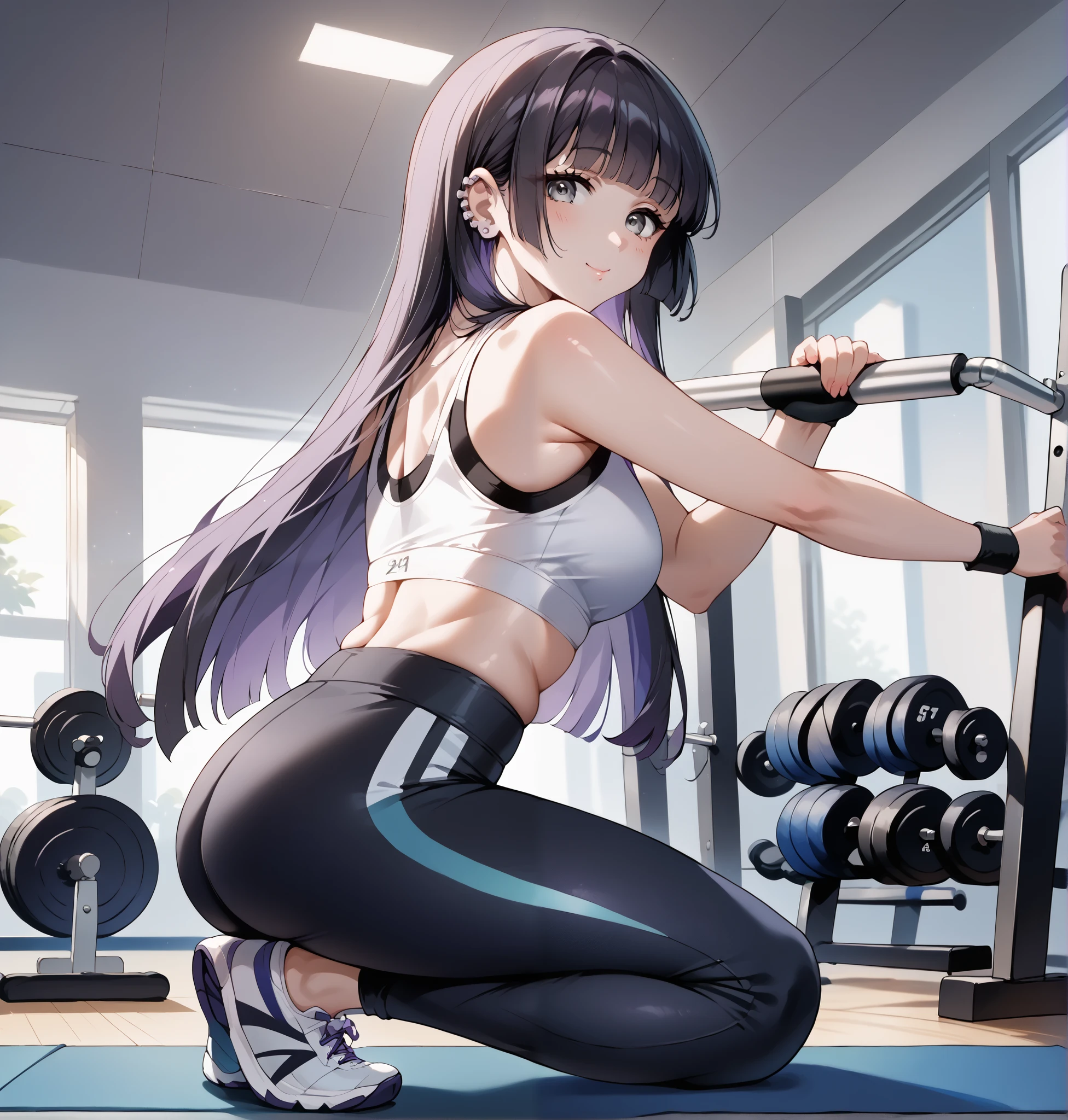 score_9, score_8_up, score_7_up, source_anime, 4K,perfect fingers,(perfect hands, perfect anatomy),prefect lighting, very aesthetic, intricate details,highly detailed background, masterpiece, high quality, best quality,
1girl,solo,pasan, pasan, black hair, blunt bangs, blunt ends, chin piercing, colored inner hair, ear piercing, grey eyes, hime cut, long hair, medium bangs, multicolored hair, piercing, purple hair, mature female, large breast,
wearing ((Gym,White Sports bra, sexy, Bare waist, Bare shoulders,Black Yoga Pants, Long legs, )),,
SQUAT,back view,