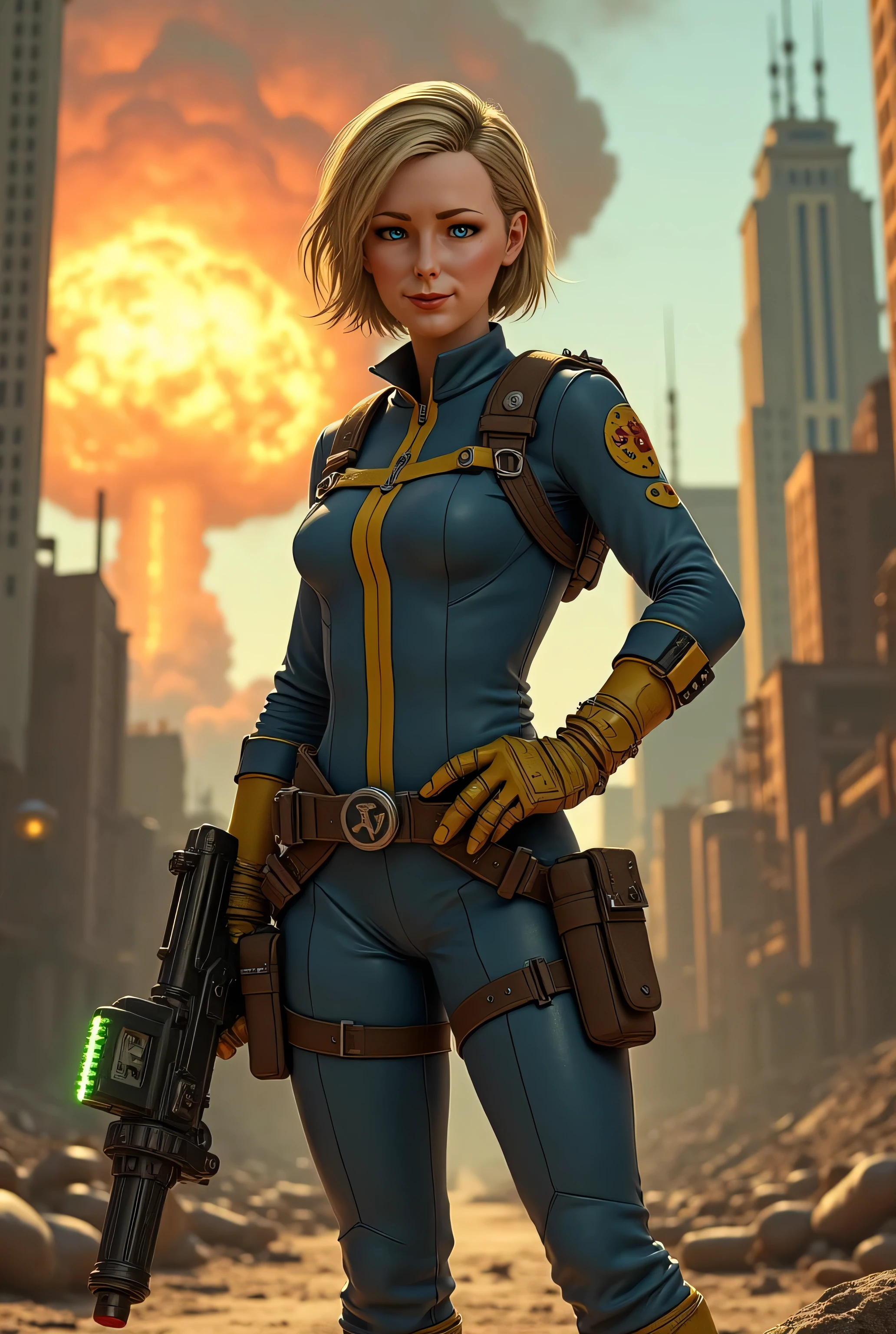 1girl, Heather Mason (Silent Hill 3), 19 years old girl, blonde hair, short hair, vault jumpsuit from fallout 4, long sleeves, holster, standing, city ruins background, ((high resolution, masterpiece, highres, photorealistic, perfect face, perfect ilumination))