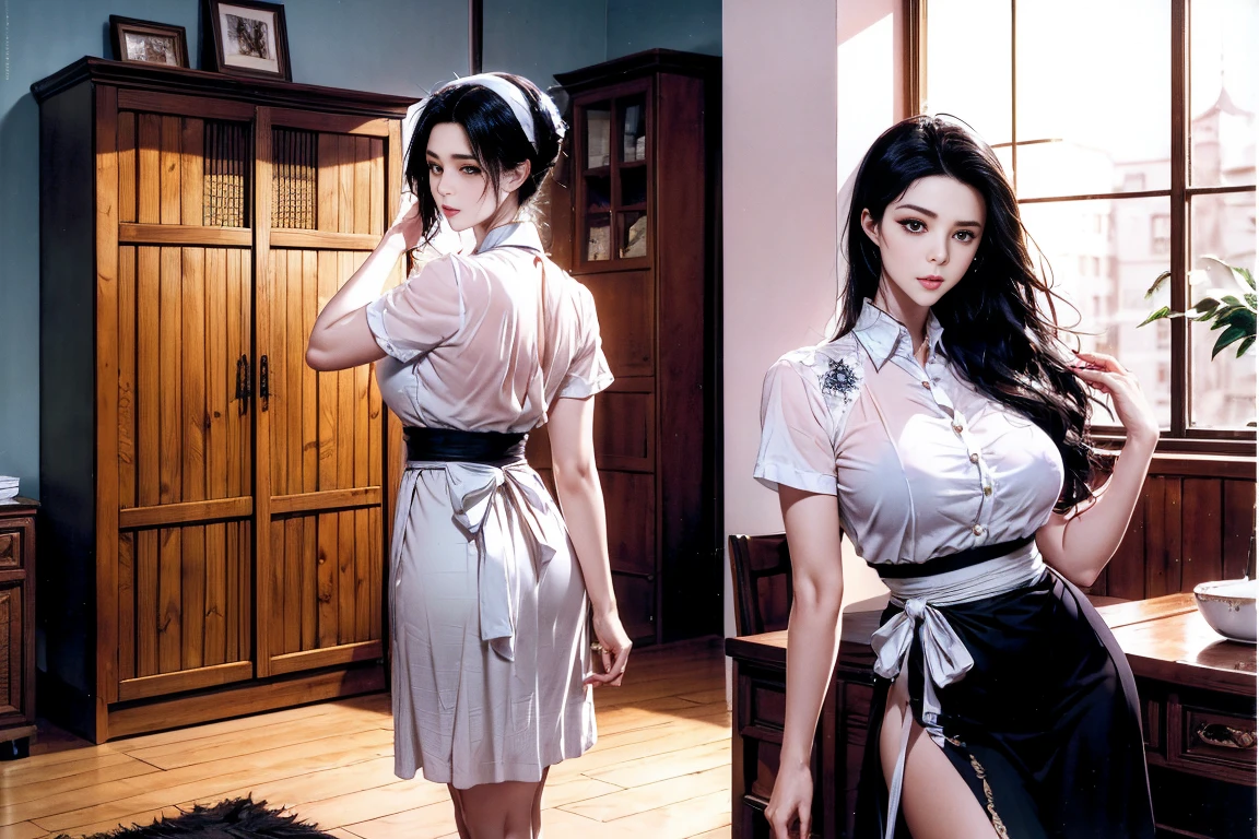(top-quality, 4K picture quality, masterpiece, Professional lighting without shadows, A hyper-realistic), perfect anatomia, Two girls, ( with perfect body、Colossal breasts with tension:1.2), Bright and even whitening skin without wrinkles and steps, (Reflects a lot of light with bright and beautiful blue eyes with long eyelashes and plump red tear bags:1.3)、 Cute hairstyles, (Clothes get wet and stick to the skin, A tight-fitting blouse made of white ultra-thin fabric on bare skin、Dress up with a super short super mini pleated skirt:1.2), (The skirt is too short to hide anything:1.2), (She proudly shows off her huge breasts and crimson ribbon tie from the front:1.3), (Another girl on the other side、- She is showing off her bare buttocks from directly behind:1.2), (sleepy half-eyes),