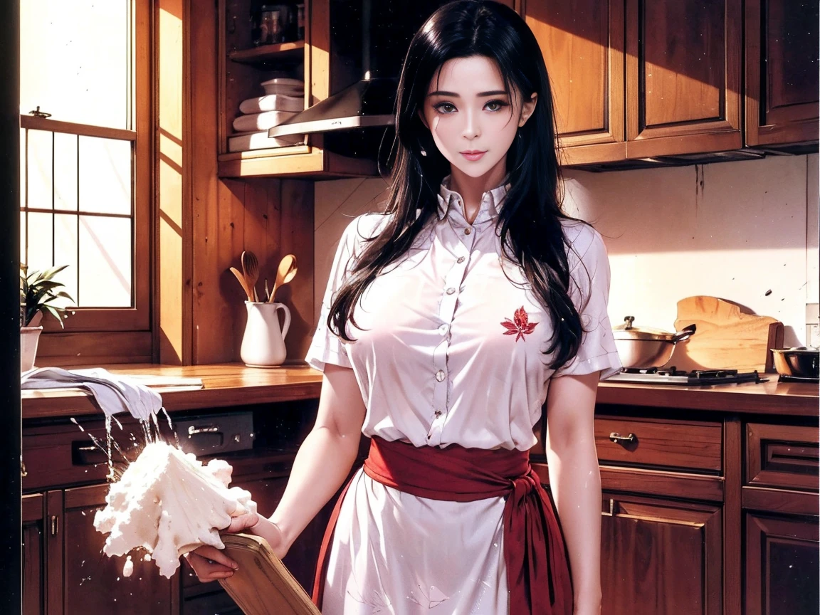 masterpiece, best quality, <lora:sakakiryouko-nvwls-v1-000008:0.8> sakaki ryouko, chef uniform, white pants, large breasts, cooking, kitchen, furrowed brow, serious, stove, frying pan, smile, holding cup