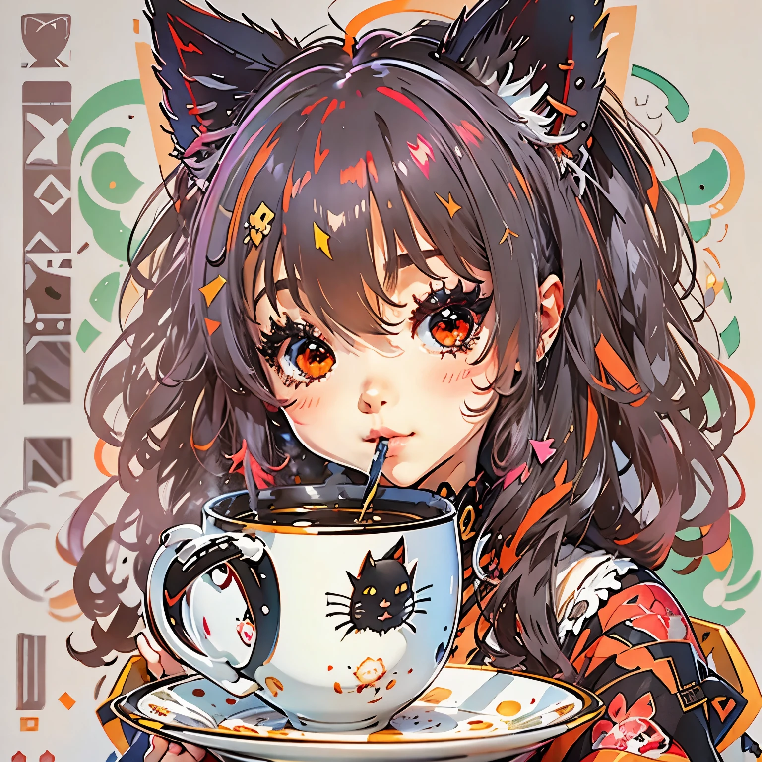 Sticker, Cute anime girl head, junkotvv, , ((cat girl, cat black ears)), (red eyes), (long hair), (( black hair, (Ahoge), straight bangs,)),s, cute clothing, Drinking tea, in circle, White background, Bright pink, Simple, Ultra detailed, Detailed drawing, vectorised, Silhouette, 8K, professional sticker design, Flat design, Vector lines, Sticker, Drawing, Drawing, Full-HD