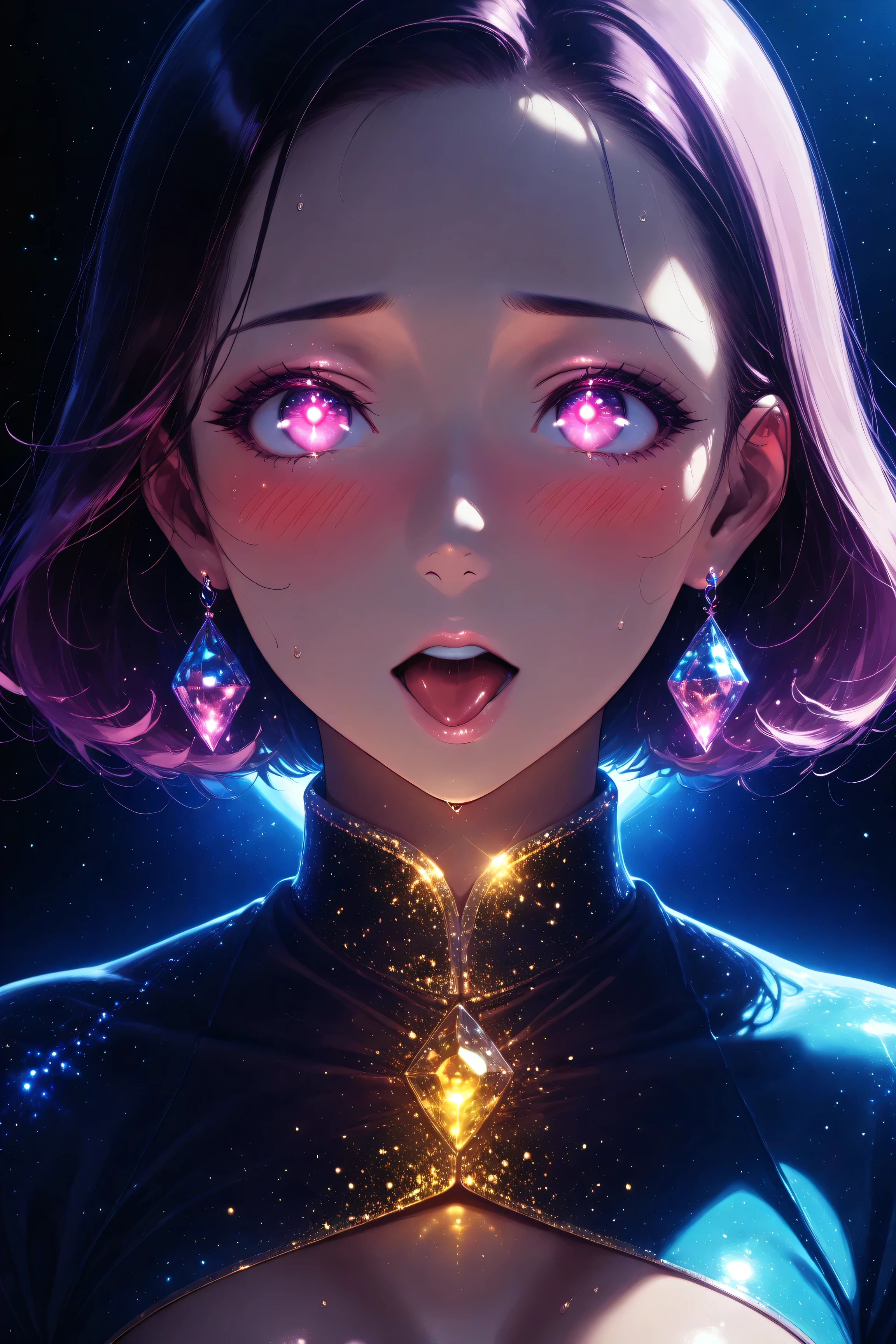 ((best quality)), ((masterpiece)), (detailed), perfect face, asian girl, surreal, sexy space clothes, in the illustrative style of moebius, spaceships, aliens, fantasy, sci-fi, graphic novel, line drawing, french retro, glowing gold eyes, eyes like jewels, eye focus, close up, ahegao, heavy blushing,