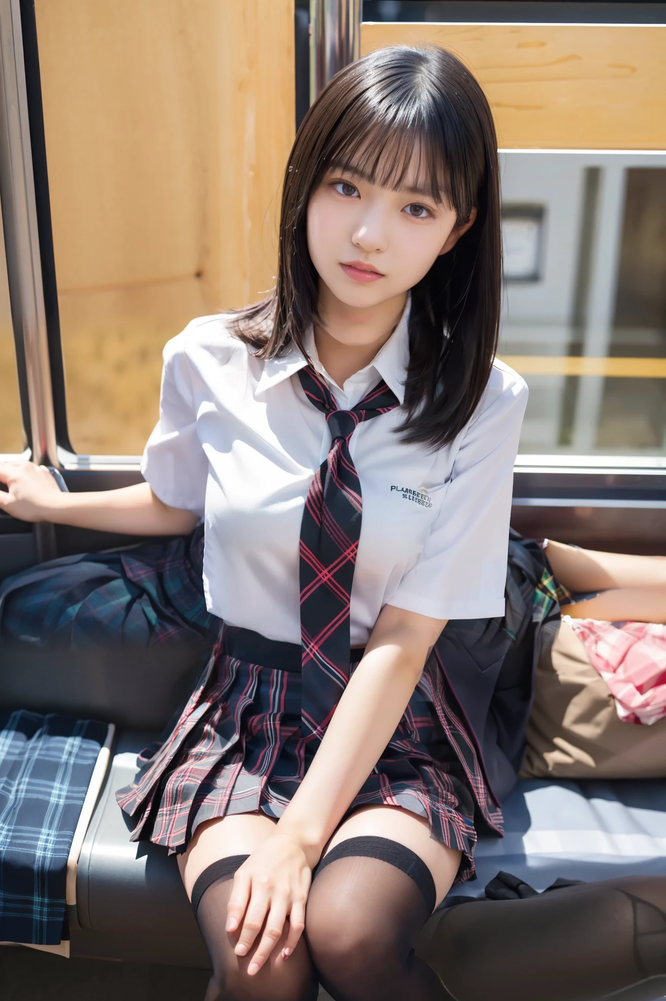 girl ( Masterpiece: 1.4), (8k, Genuine, RAW Photo , Top Quality: 1.4), Japanese, (1 girl ), beautiful face, (Genuine Face: 1.4), ( beautiful black hair , medium hair : 1.3), BEAUTIFUL HAIRSTYLES , Genuineistic Eyes, Beautiful Details Eyes, (Genuine Skin: 1.3), 's beautiful skin , attractive, 超 high resolution, Ultra Genuineistic, high resolution, golden ratio, ( detailed face: 1.4), Front 、( Japanese 18-year-old high school girl)) (( plump )) (8k), ( Top Quality: 1.2), ( exist), ( exist: 1.37), 超 high resolution, girl1 person, cute, blanking,shut up, pink lips, Beautiful Details , Beautiful Nose, beautiful black hair , bangs, pork, thighs,Self snap,University Uniforms,Sitting on a Tokyo train, simple blazer, pleated skirt from above,( skirt and tie from the top of the pleated skirt is tartan check.....:1.3), cross your legs, from above,( close-up of thighs),( shiny pantyhose ),(Opaque blue knee-high socks :1.2)