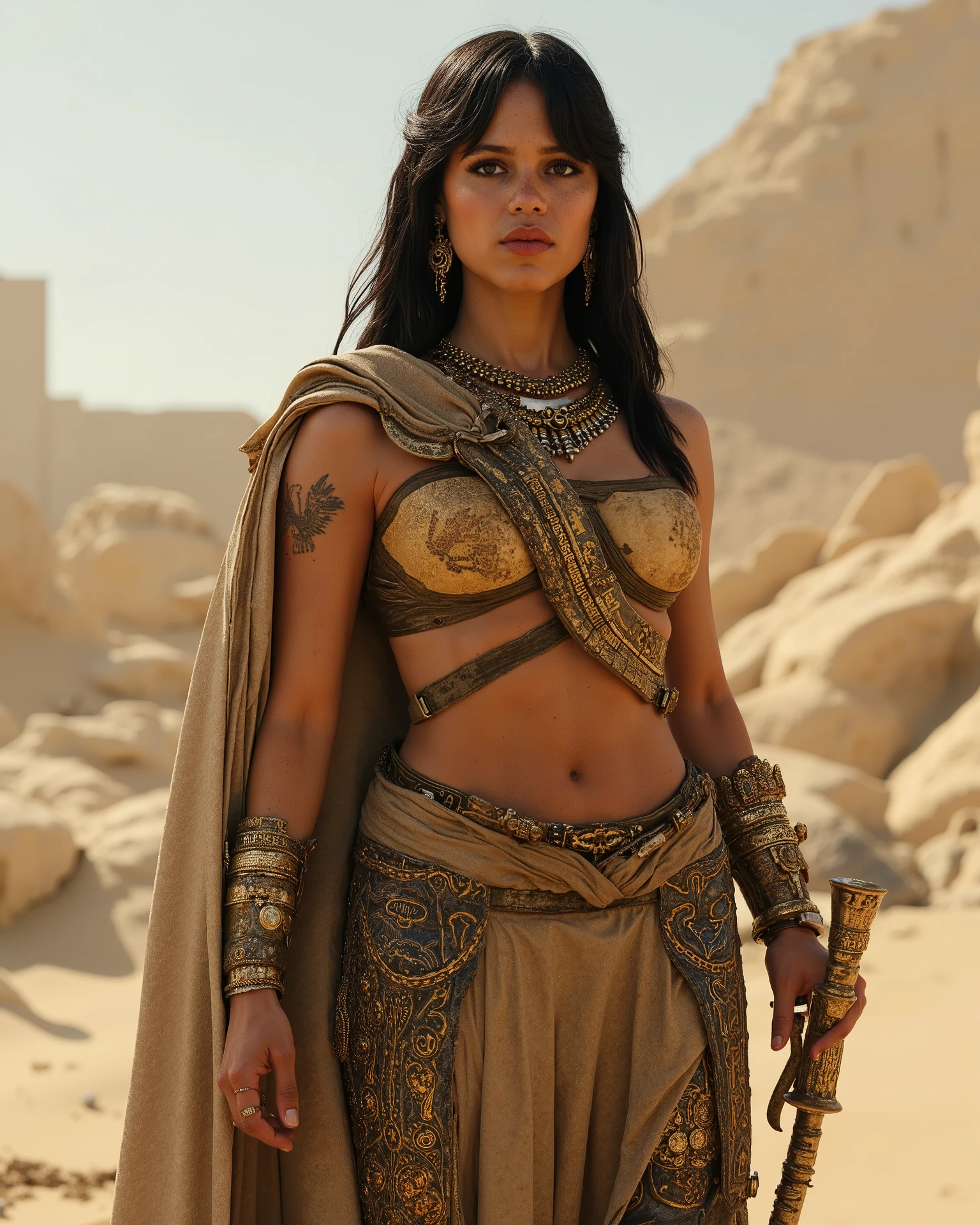 Female Egyptian soldier standing with a gun . Her chest is covered with armor . Her stomach and arms are not covered with armor. She has cuts on her stomach