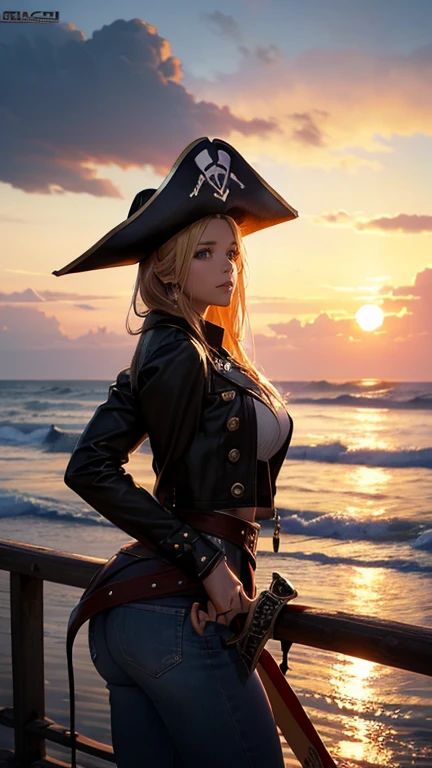 best quality), (high detail), (vivid colors), (Close up), (1girl), a beautiful female pirate captain sailing on the high seas, HDR, 4K, 3D, graffiti art style.