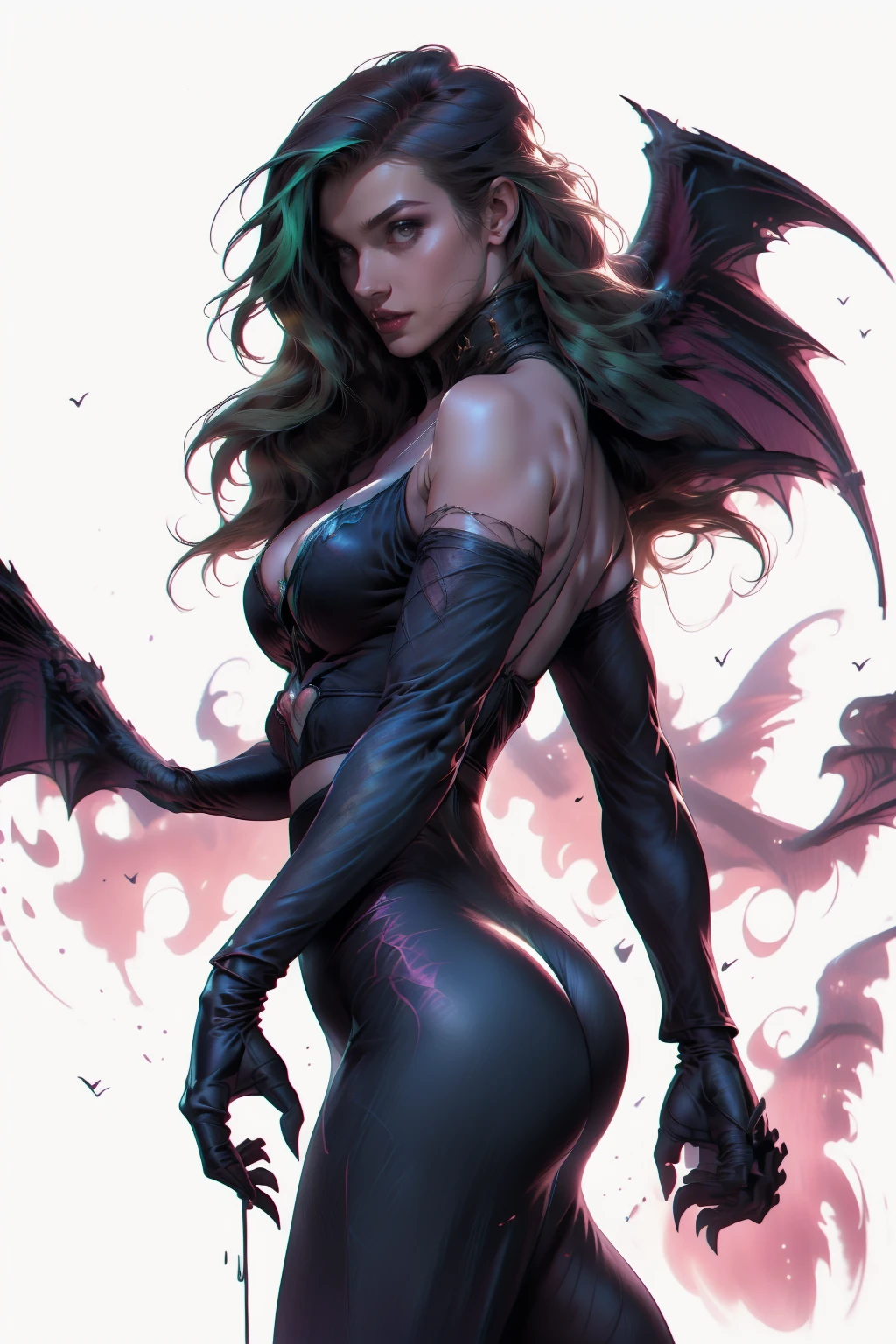 1 demon girl, beautiful muscular girl, big horns, patterns, blindfold, large naked breasts, standing nipples, shoulder pads, beautiful figure, sexy pose, green illidans in hands, black hair, pubic hair, big wings, dark magical mountains, dark temple, night, volumetric lighting, Best quality, masterpiece, super realism, ultrarealism, Hipperrealism