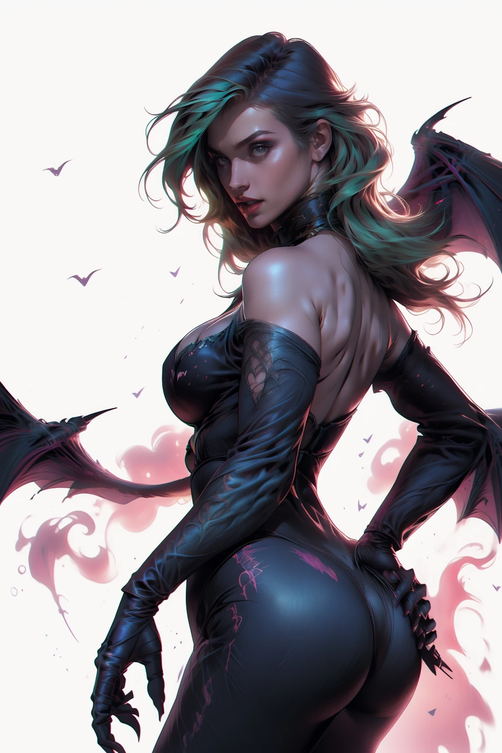 vampire girl, long canines, red outfit, malicious smile, hair long black, Short strapless dress, showing most of her large breasts, generous neckline, Bare arms with horror tattoos, sultry posing, bats flying around, Gothic visual, gorgeous face, perfectbody