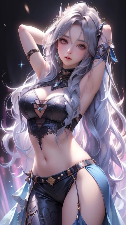 Young, long white hair, heterochromia, (left eye blue, right eye purple), white cat ears, turquoise top, open chest, tattoos, smile, masterpiece, high quality