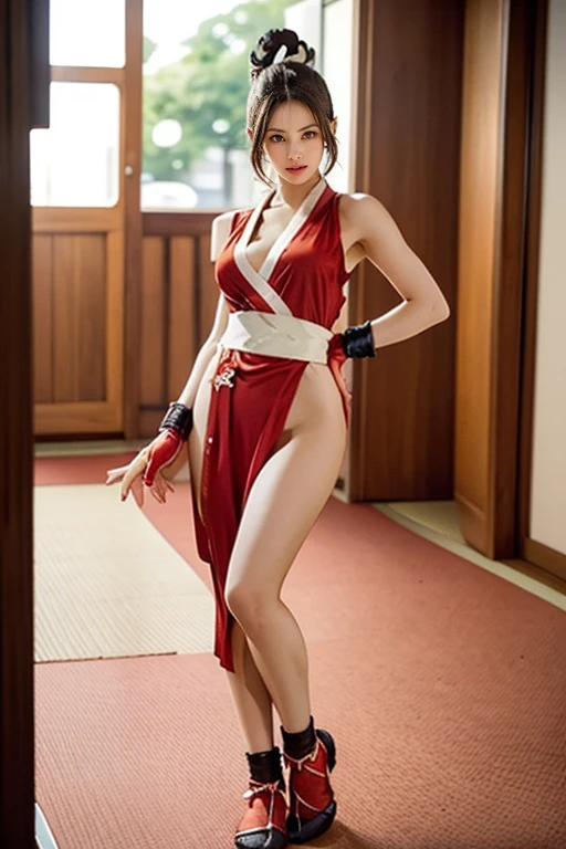 mai shiranui, (Full body portrait:2.0), Full body, (tabi:2.0), (Realism), (masutepiece:2.0), (Best Quality), (ultra-detailliert), (8K, 4K, Convoluted), (skinny), Prestige, Brown eyes, Long hair, Brown hair, White ribbon, Sleeveless, poneyTail, sash, pelvis curtain, arm guards, mitts, fascinated expression, Sexy eyes, medium breasts, Smile, Cute, view the viewer, Long hair, Close to Japan temple, (breasts focus:1.2), (Realistic:1.2), (Full Shot: 1.2), (85 mm), light Particle, Lighting, (Highly detailed:1.2), (Detailed face:1.2), (gradients), SFV, Colorful, (Detailed eyes:1.2), (Detailed temples of Japan: 1.2),(Detailed background), (Dynamic Angle:1.2), (Dynamic Pose:1.2), (Line of action:1.2), Wide Shot, Daylight, Solo.