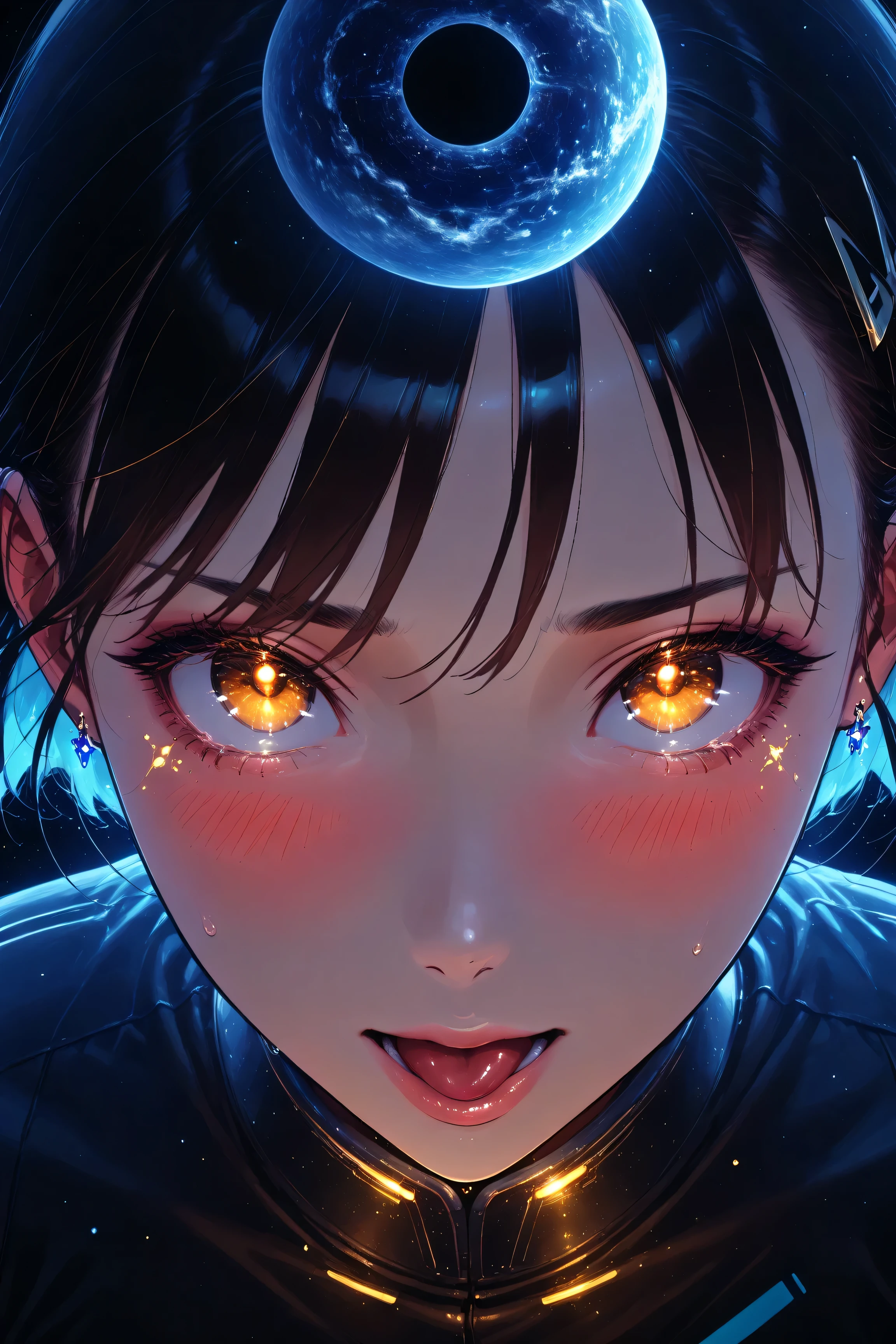 ((best quality)), ((masterpiece)), (detailed), perfect face, asian girl, surreal, sexy space clothes, in the illustrative style of moebius, spaceships, aliens, fantasy, sci-fi, graphic novel, line drawing, french retro, glowing gold eyes, eyes like jewels, eye focus, close up, ahegao, heavy blushing, cross-eyed,