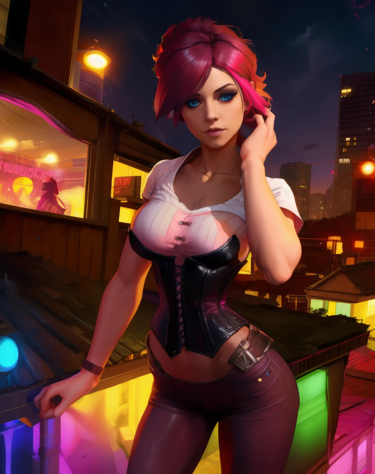 obtain, multicolored hair, pink hair,blue eyes,
White shirt with logo,Bermuda, pending,jeans,
standing, Upper body, feet from the bottom, skin-tight ,
city rooftop, neon lights, night,
( leather corset , beautiful detailed face ,, masterpiece, the best quality ) Cinematic lighting,