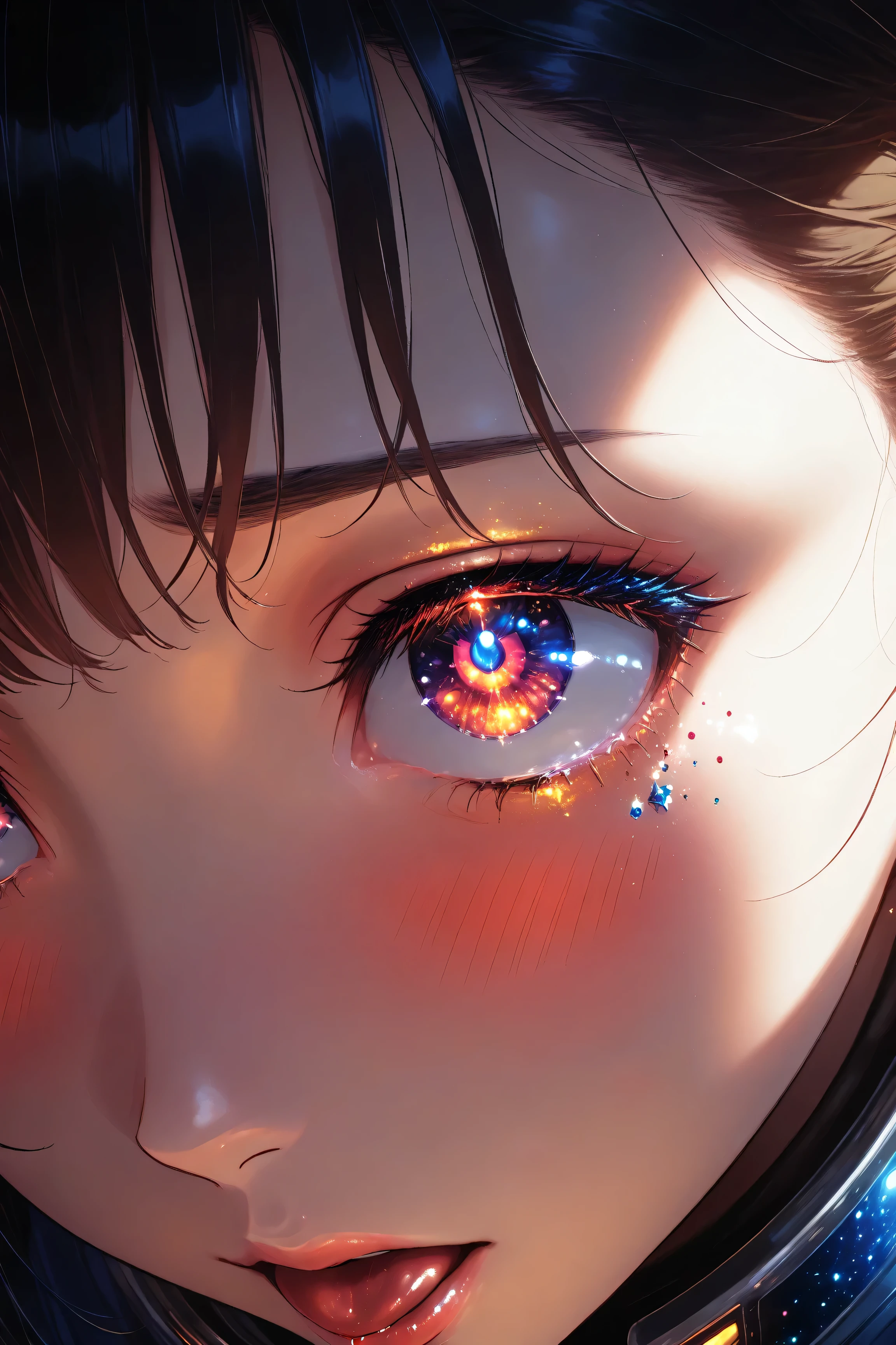 ((best quality)), ((masterpiece)), (detailed), perfect face, asian girl, surreal, sexy space clothes, in the illustrative style of moebius, spaceships, aliens, fantasy, sci-fi, graphic novel, line drawing, french retro, glowing gold eyes, eyes like jewels, eye focus, close up, ahegao, heavy blushing, cross-eyed, from above, looking up,