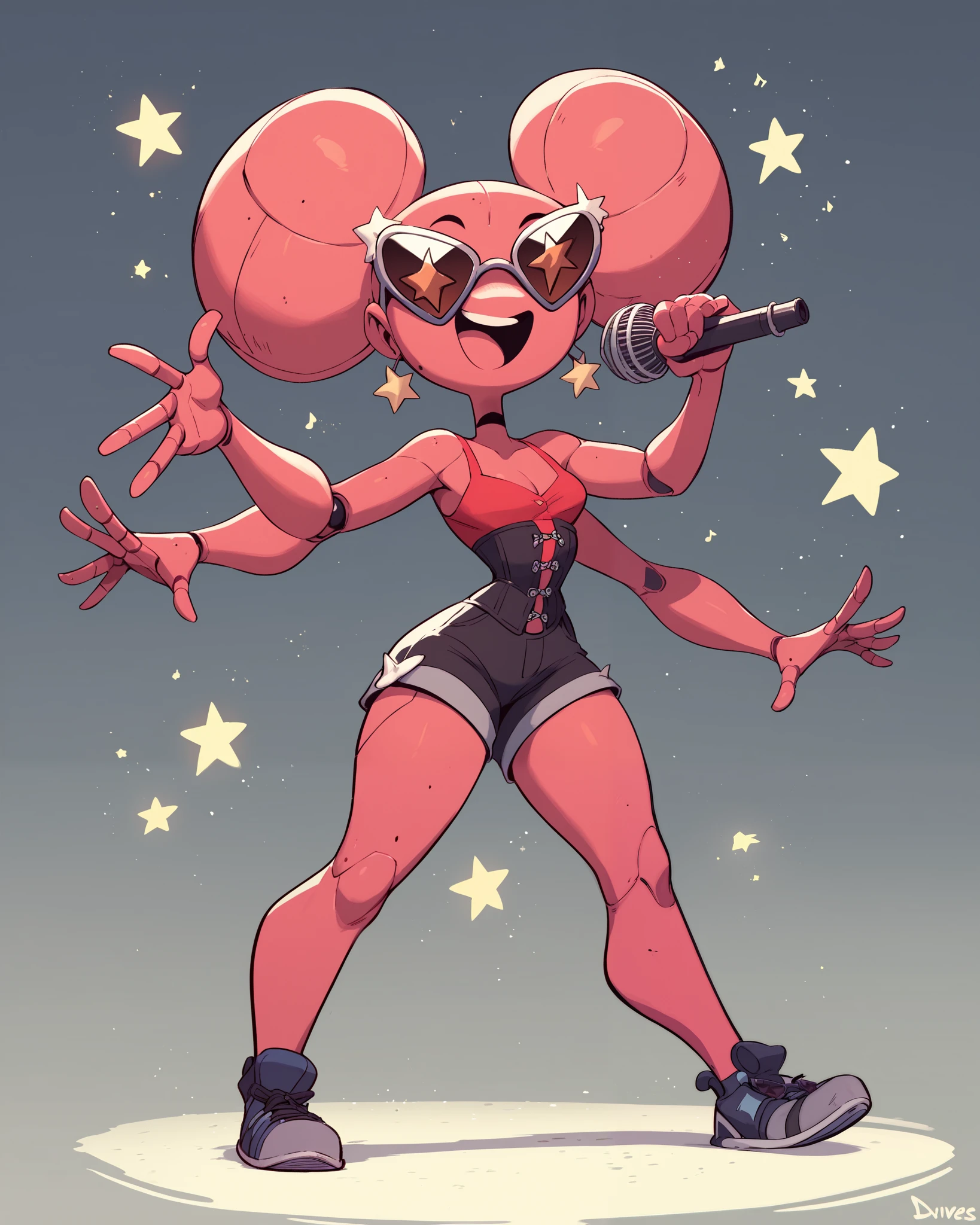 Nebula the blue cyborg bald woman wearing a crimson top corset, black shorts, left metal arm, star shaped sunglasses, smiling, singing, full body view, by diives,