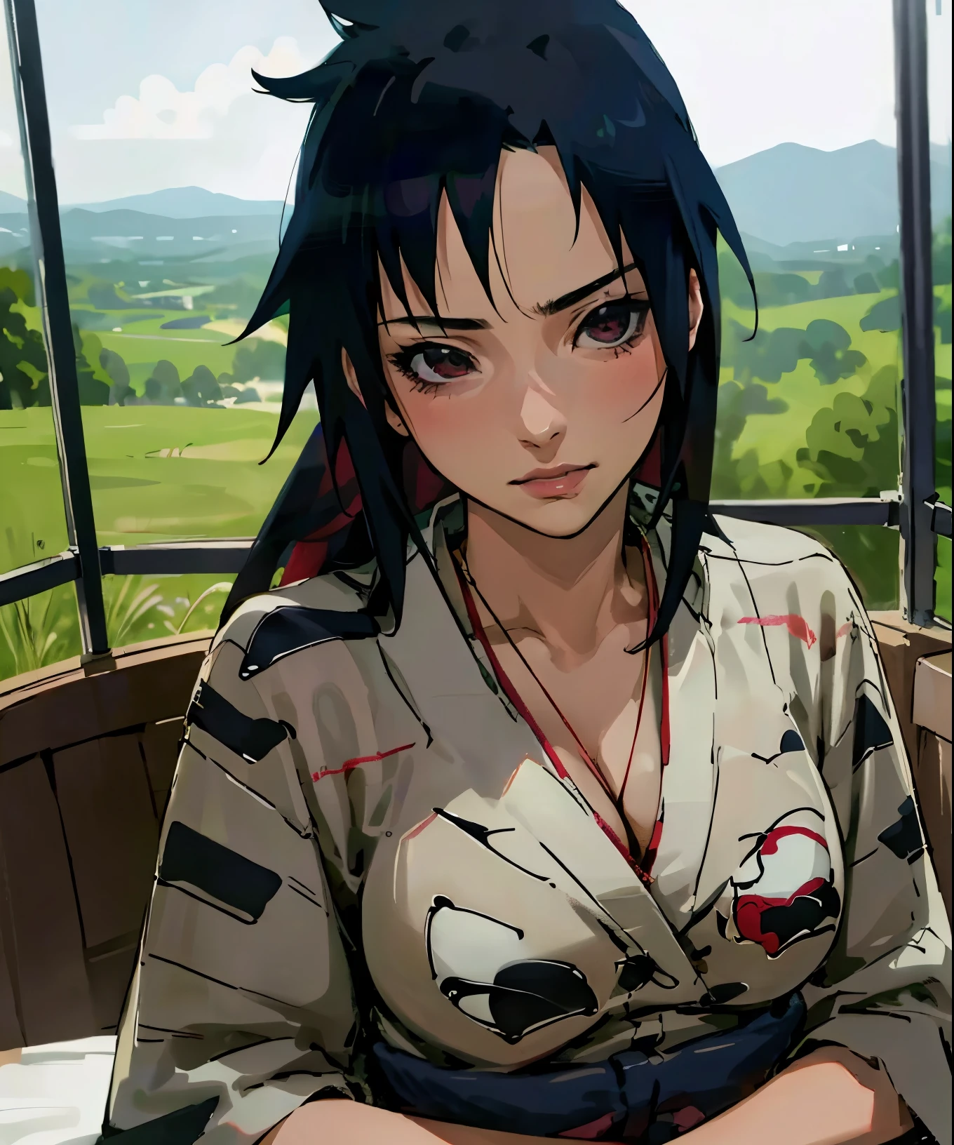 (masterpiece:1.3, top-quality, ultra high res, ultra detailed), (realistic, photorealistic:1.4), beautiful illustration, perfect lighting, natural lighting, romantic lighting, colorful, depth of fields, nfsw, 
looking at viewer, (pov across table), 1 girl, japanese, , cute and symmetrical face, shiny skin, 
(long hair, curvy hair, navy hair), swept bangs, ruby eyes, long eye lasher, (large breasts, seductive thighs, big ass), 
beautiful hair, beautiful face, beautiful detailed eyes, beautiful clavicle, beautiful body, beautiful chest, beautiful thigh, beautiful legs, beautiful fingers, break, 
(burberry sweater, burberry print, necklaces, bracelets, microskirt, fishnet pantyhose),  
(beautiful scenery), head tilt, (lovely smile, upper eyes), 
(((Uchiha sasuke female version))), (sasuke feminine)