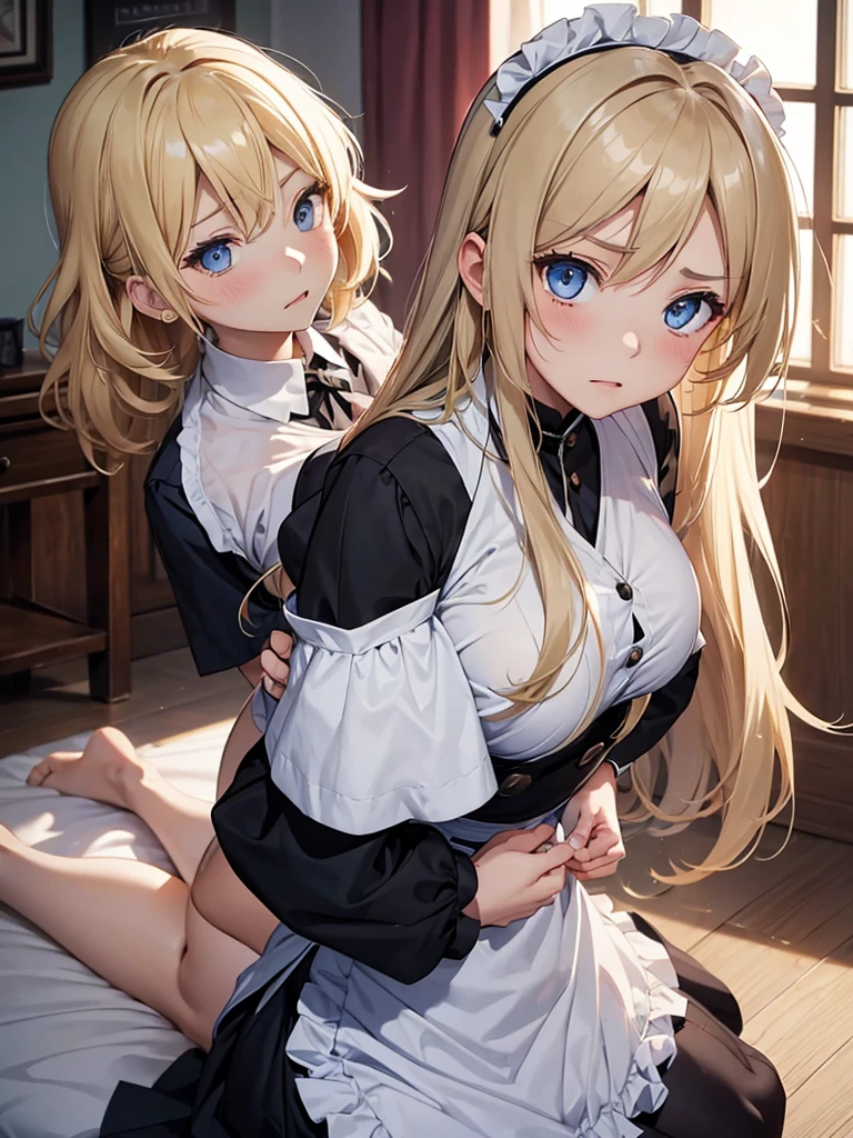 ((highest quality、High resolution、masterpiece))、(((2girls))), Portrait、A beautiful woman、Perfect body、beautiful ample breasts、Nipples、Long blonde、Maid、No panties、Embarrassed、(((I&#39;ll lift my skirt and show you my pussy)))、Love juice、I&#39;m tempting you