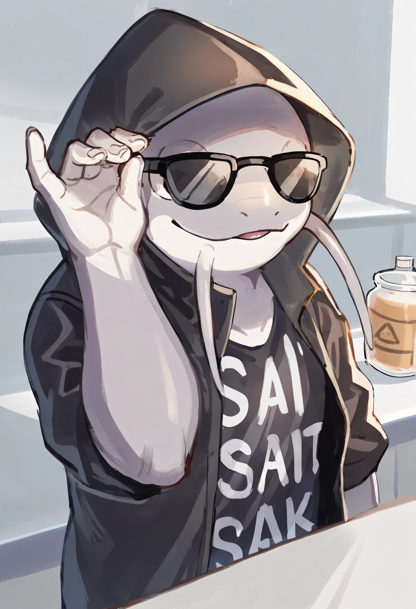 1other, namazu, masterpiece, good quality, newest, very awa, absurdres, best quality, highres, masterpiece, (16K), HD, Various facial details, detailed background, very detailed, Eyes details, high resolution, high quality, correct anatomy, sunglasses, (solo), top quality, paid reward available, unparalleled masterpiece, perfect artwork, (saltbaememe), salt, Trendy Fashion, Streetwear, Fashionable Clothing, hood, in the kitchen, cover page