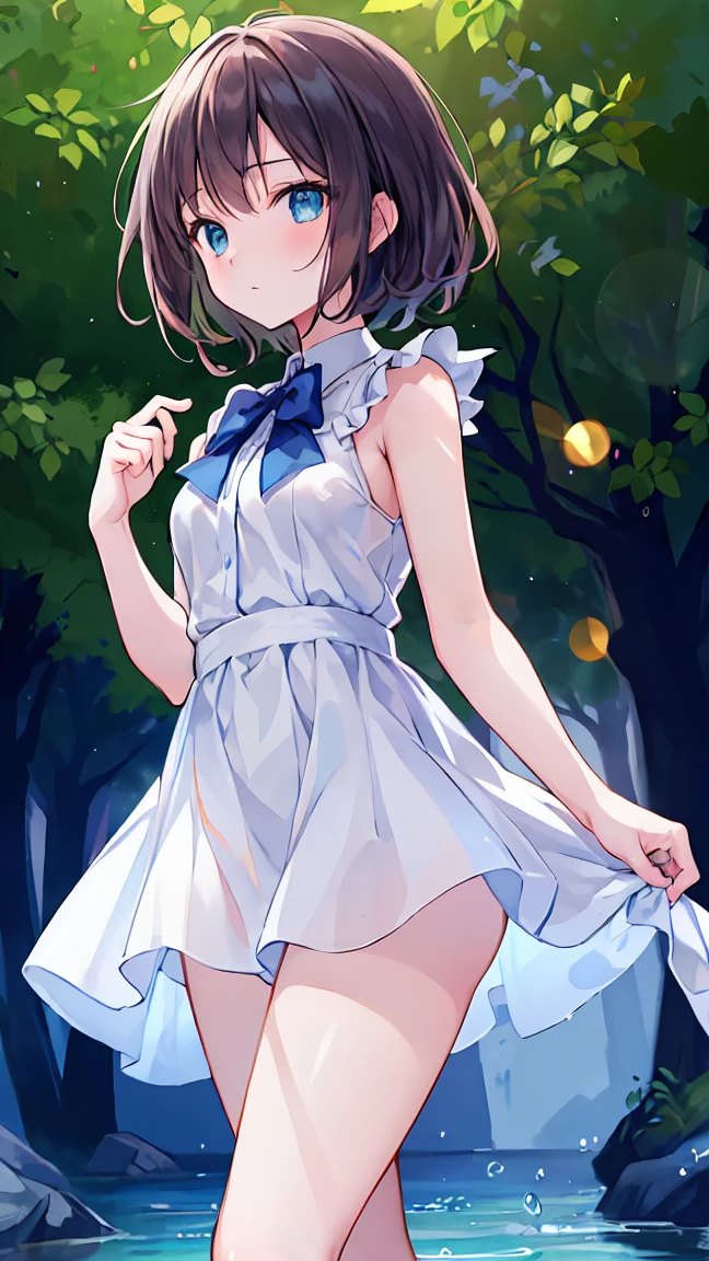 ((Highest quality, masterpiece)), Very delicate and beautiful, bright, cowboy_shot, from_Down, girl, woman, woman, young, 20-year-old, Shortcuts, Light brown hair, Delicate face, blush, Beautiful eyes in every detail, Small breasts, Beautiful feet，Thighs, greenの目, White skin, green_bow, Sleeveless_dress, Sleeveless, Shorts, just_feet, White clothes,  Very beautiful detailed water,Clear air，Down着見え，((Highest quality)), (Very detailed), (High-definition CG synthesis 8K wallpaper), 高いly detailed, 高い-definition raw color photos, Professional photography, (((Bokeh))), Written boundary depth,