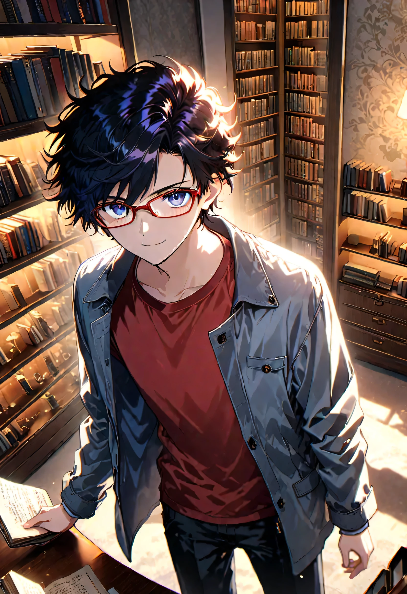 (masterpiece:1.2, best quality, high resolution, wallpaper, illustration:0.8, beautiful detailed eyes:1.6, extremely detailed face, perfect lighting, extremely detailed CG, dynamic pose, perfect hands, perfect anatomy, highly detailed, anime-style, soft natural colors, gentle lighting, contemporary setting, form above angle, warm and inviting atmosphere, relaxed and intellectual expression, cozy aesthetic, stylish pose, modern background, young adult male, age 22-23),core_9, score_8_up, score_7_up, gbfpxnl, masterpiece, highly detailed, Male Anime Character, A confident young adult male (age 22-23) with short black hair and glasses, wearing a deep red t-shirt and a dark reddish-brown overcoat draped over his shoulders. He stands in a quiet and cozy library, casually flipping through a magazine with a relaxed and cheerful smile. His sharp yet approachable expression reflects both intelligence and a lighthearted charm.
The scene is captured from a form above angle, highlighting his composed yet easygoing demeanor. The background features tall wooden bookshelves filled with neatly arranged books, warm ambient lighting, and soft shadows that create a calm and inviting atmosphere. The modern setting enhances the sophisticated yet youthful energy of the scene, portraying a contemporary, everyday moment in the life of a young intellectual.