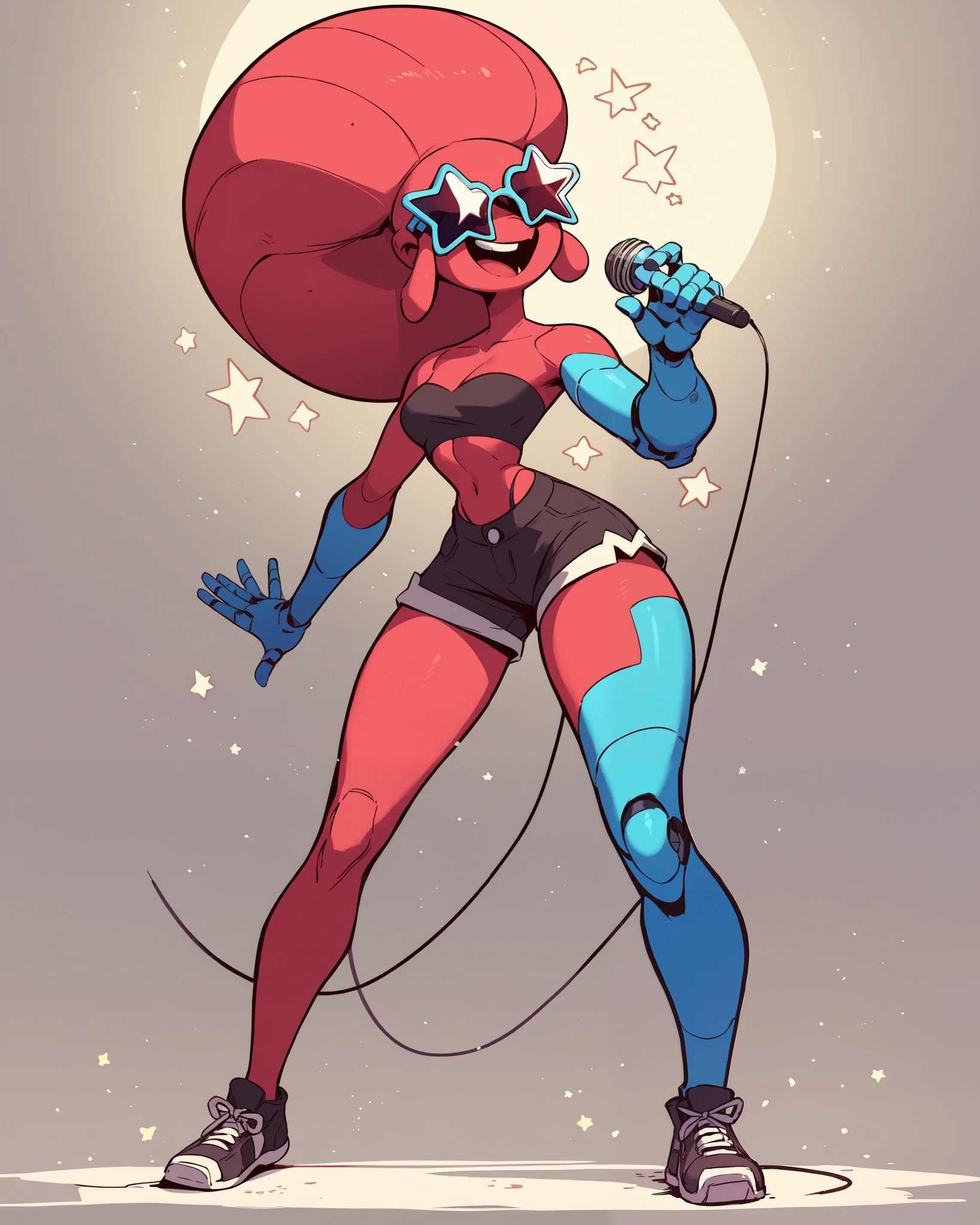 Nebula the blue cyborg bald woman wearing a crimson strapless top, black shorts, left metal arm, star shaped sunglasses, smiling, singing, full body view, by diives,