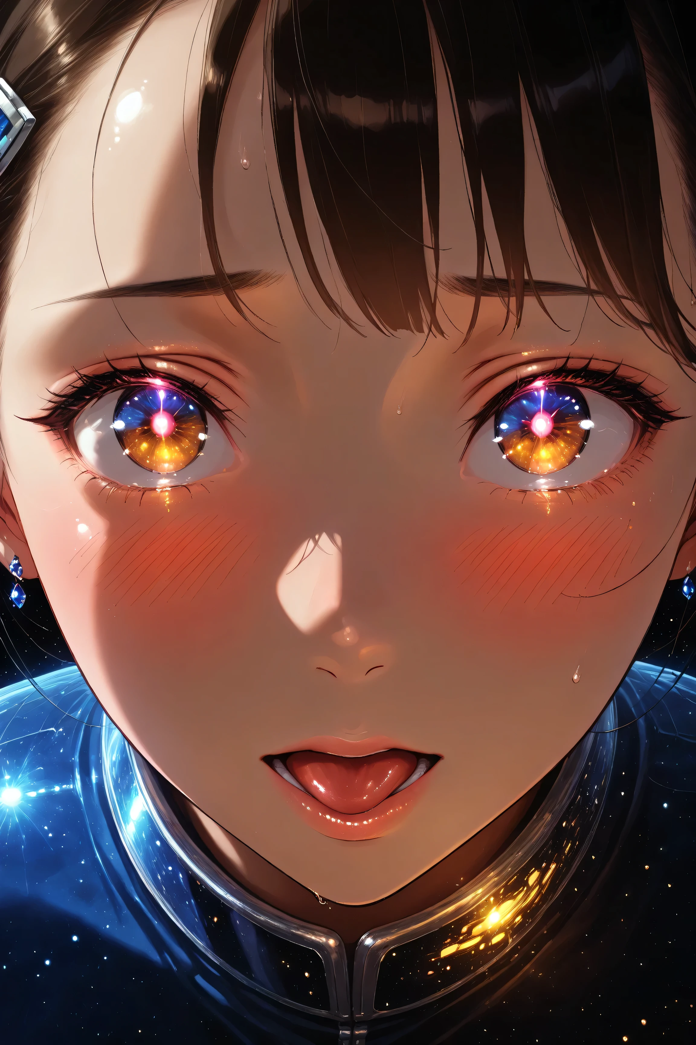 ((best quality)), ((masterpiece)), (detailed), perfect face, asian girl, surreal, sexy space clothes, in the illustrative style of moebius, spaceships, aliens, fantasy, sci-fi, graphic novel, line drawing, french retro, glowing gold eyes, eyes like jewels, eye focus, close up, ahegao, heavy blushing, cross-eyed, from above, looking up,