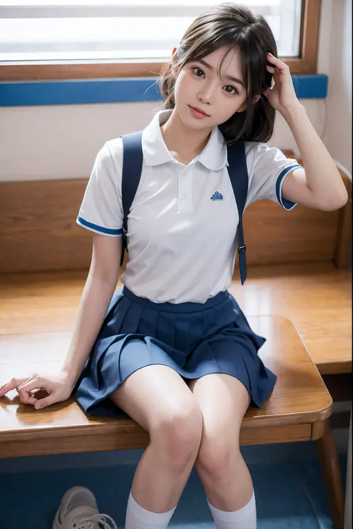 Japanese、high school student、18-year-old、Medium build、Beauty、Facing Forward、Kind eyes、Uniform eyes、He is wearing a short-sleeved navy blue polo shirt.、She is wearing a tight long grey skirt.、Sit on a chair、Put your hands behind your back、((Her white underwear is visible between her skirt and legs.))、(Wearing white panties)、She is facing the camera with both knees together.、Anatomically correct body、, Black Hair, Hair that falls over the shoulders, Straight hair, Expressive hair, Shiny Hair, Parted bangs, Captivating smile, Surrealism, Verism, Cinema Lighting, reflection light, First-person view, Nikon, F/1.2, 超High resolution, masterpiece, Textured skin, Attention to detail, Awards, Highest quality, High resolution, 8K, Super detailed
