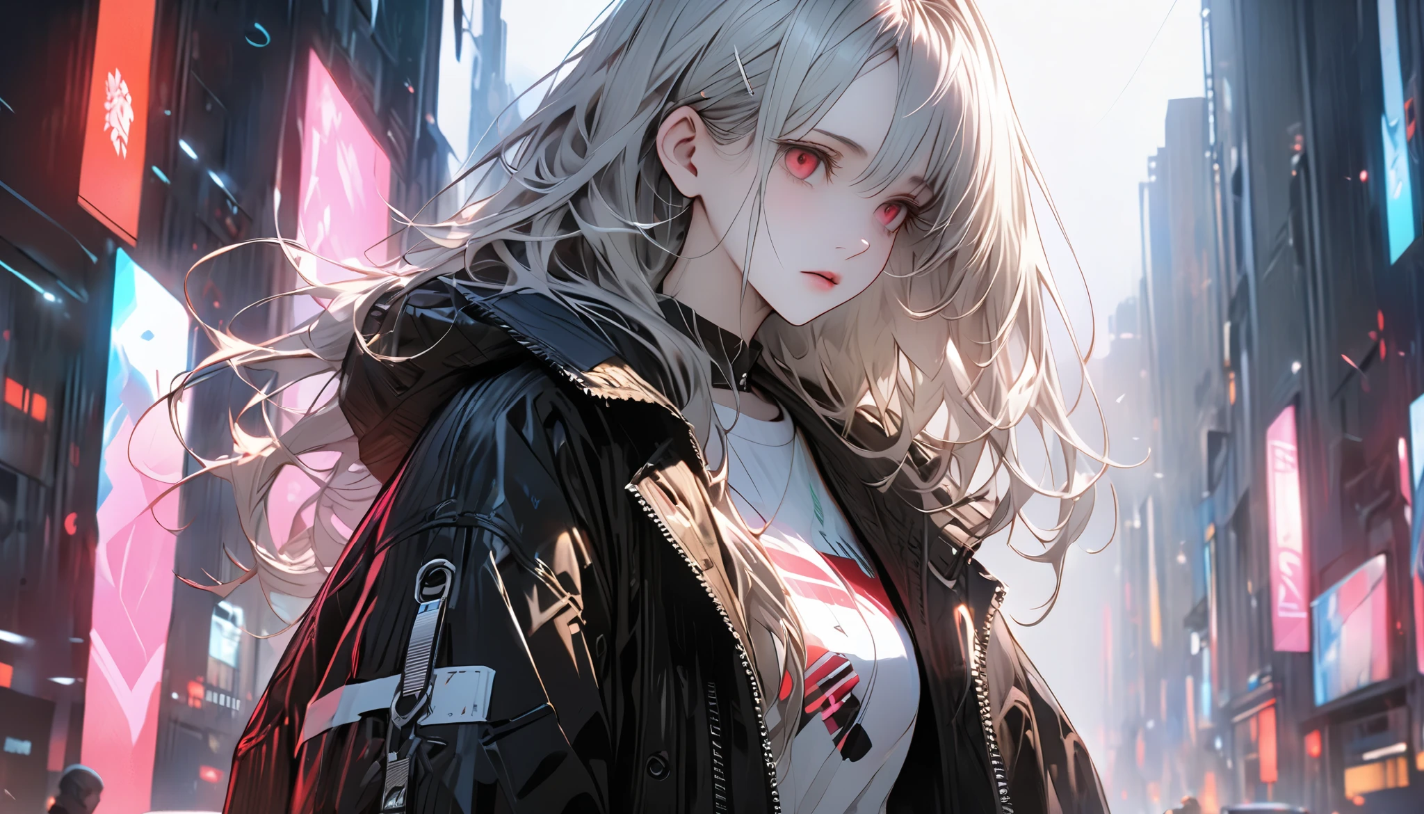 A young woman stands alone, holding the cold air with a pensive expression, feeling both anxiety and strength. An atmosphere of quiet reflection and hope hangs over her. There is a look of determination on her face. Cyberpunk. Soft and delicate shading gives a sense of inner strength amid uncertainty. Standing still amid the hustle and bustle of a big city. Night scene. The scene conveys a sense of inner conflict and introspection, highlighting doubts and anxieties. Highly detailedElegant and detailed, adding a dramatic and symbolic element to the scene, deep borders, bokeh, smooth textures, ultra detailed, high resolution, super detailed, (best quality, 16K, high resolution, masterpiece), subtle colors, vibrant colors, professional lighting, beautiful details with little projection, long hair, silver haired woman, pale skin, red eyes, rough fashion. Futuristic. Mini skirt, beautifully embroide red frills, Beautiful Pink and black waistband, black and white striped knee-high socks: