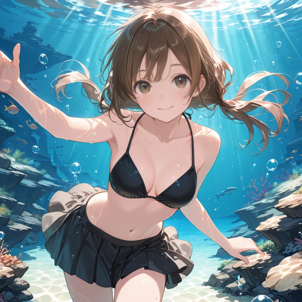 masterpiece, best quality, 1girl, brown hair, brown eyes, long hair, underwater, air bubble, solo, looking at viewer, swimming, dappled sunlight, bare breasts, (nipples: 1.5), cute girl, standing, cute face, sexy, full length, magic fire, bikini, embarrassment, slim girl, good anatomy, anime art, adult girl, without a bra