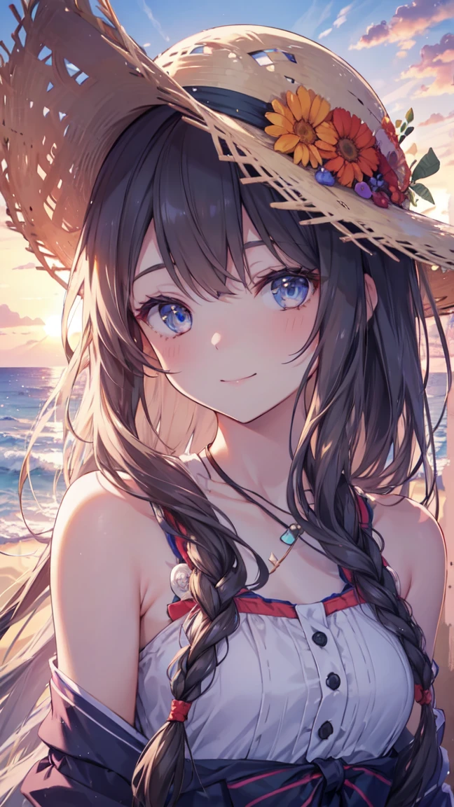 One girl, long tied brunette hair, smile, blue eyes, Wink, View your viewers, Wearing a bikini, flower straw hat, (Beach), (sunset), evening, masterpiece, 8K, Perfect lighting, The perfect outfit, Perfect Anatomy, Perfect Eyes, Perfect Face, Sharp resolution, (Face close-up)