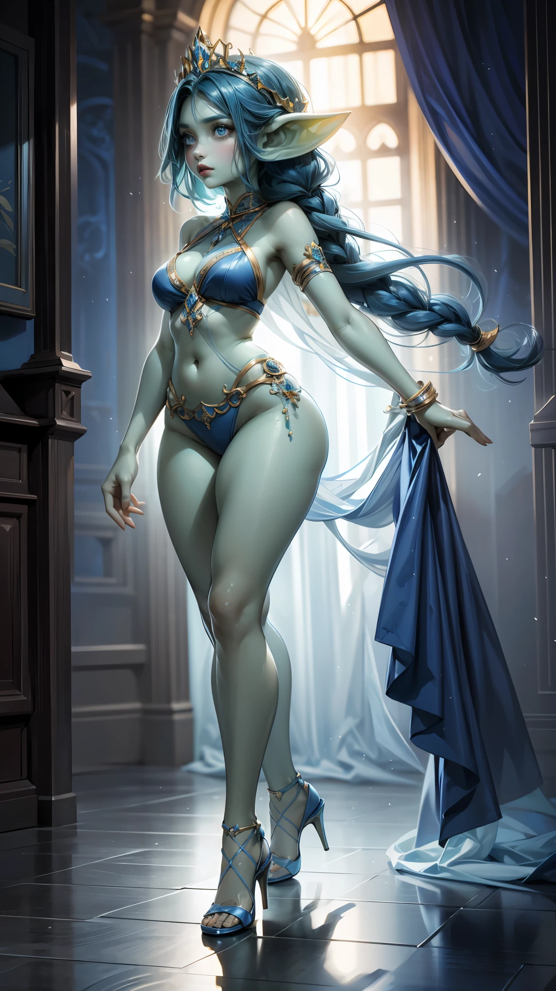 ((full body)), (((head to toe))), (((1 female, solo))), beautiful blushing slender Queen of Neptune (((with chignon hair))), small bust, narrow waist, thin legs, (((against Neptune as a planet background))), (((sapphire brassiere, loincloth))), sapphire necklace, sapphire tiara, veil, (((American comic style with dark contours))), (((art by J. Scott Campbell)))