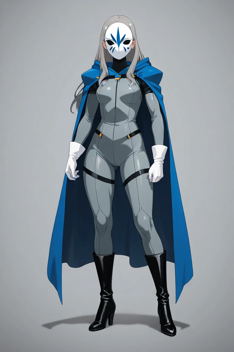My Hero Academia style, anime Girl, female, trending on artstation pixiv, (full body shot:1.5), wide hips, wide thighs, large breast, Head covering, helmet, face covering, mask, Hero costume, full body costume, white costume with blue and gray details, Blue cape, super detailed, Perfect anatomy,