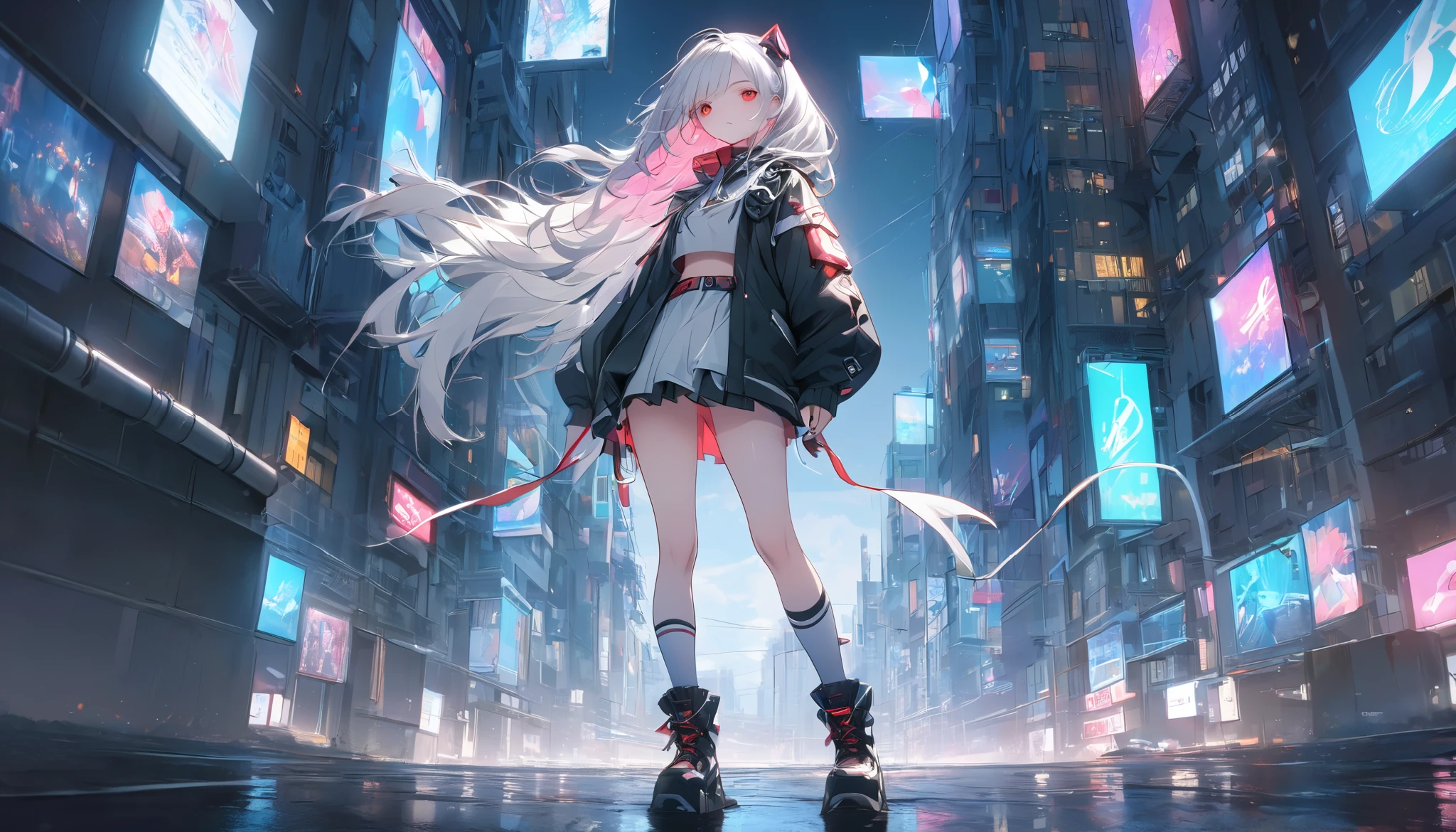 ((masterpiece, best quality, extremely detailed CG, unity 8k wallpaper,anatomically correct,ultra resolution)),Award-winning photography,(best illumination,Very Delicate and Beautiful),(one girl,solo,loli:1.5),(Vampire:1.45),silver hair,(twintails:1.2),glowing red eyes,(pale skin:1.45),(extremely beautiful and detailed face:1.2), (extremely beautiful and detailed eyes:1.2),perfect hands,delicate legs,((bat hair ornament)),(graceful,fashion),pointy ears,((nike hoodie:1.4,sports shorts,sports shoes,black leather gloves,black naked socks)),looking at viewer,sad,crying,(standing on bus:1.3),tears,(cute:1.5),((night, dark atmosphere, dark theme, darkness:1.5)),dramatic shadows,(dimly lit:1.5),blood on face,blood on floor, blood on walls,(blood mist,blood splash:1.4),depth of field,(bus:1.3,passengers),(perfect human body structure with maximum precision)