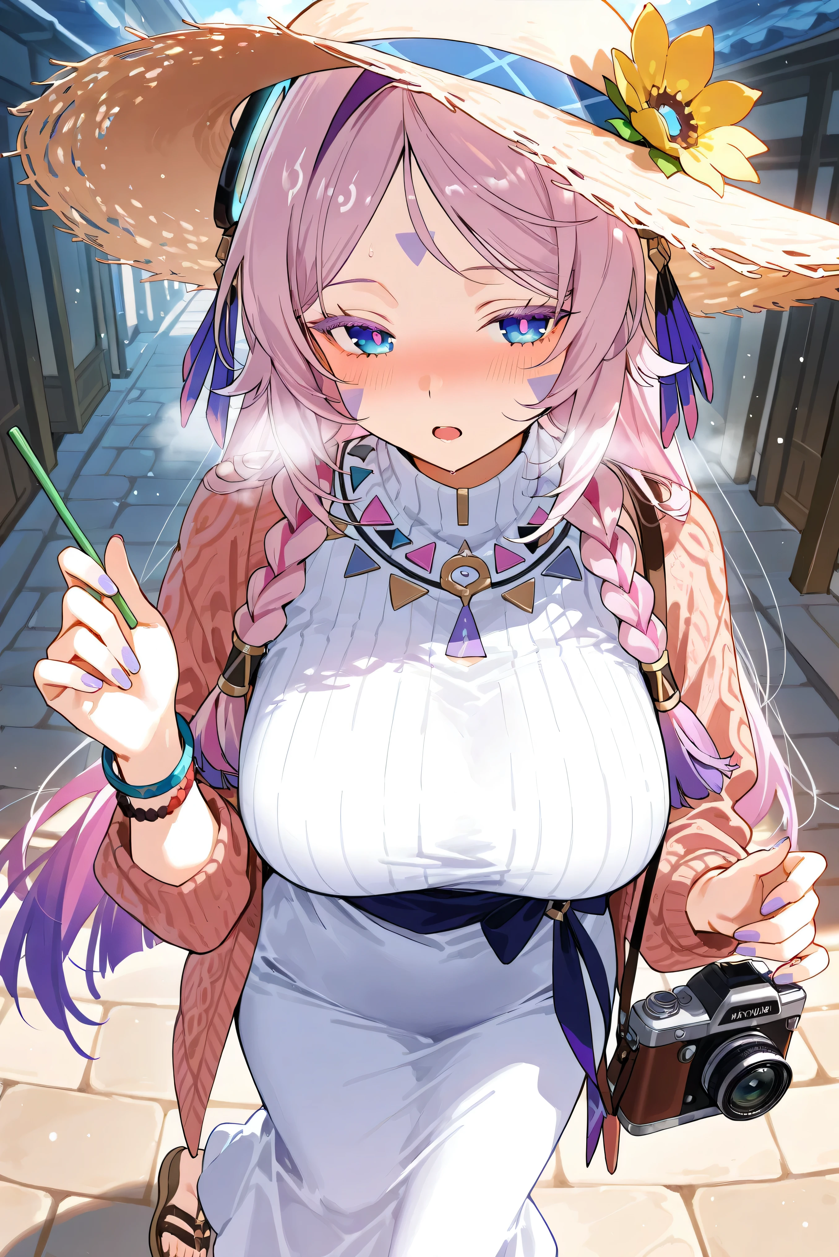 score_9, score_8_up, score_7_up, masterpiece, best quality, very aesthetic, absurdres, tunning image, light particles, attractive image, 1girl, adult grown woman, citlali \(genshin impact\), pink hair, purple hair, multicolored hair, twin braids, hair intakes, blue eyes, forehead mark, lavender eyelashes, pink pupils, headgear, long hair, colored eyelashes, blush, heavy breathing, masterpiece,best quality,amazing quality, nails, 5 fingers, alternate costume, An anime character in a boho chic traveler outfit, wearing a flowing maxi dress with intricate ethnic patterns in warm earthy tones, a cozy knitted cardigan, and stylish leather sandals. They accessorize with beaded necklaces, woven bracelets, and a wide-brimmed straw hat. Holding a vintage camera and a travel journal, they stand on a cobblestone street in a charming, sunlit village surrounded by blooming flowers and rustic buildings