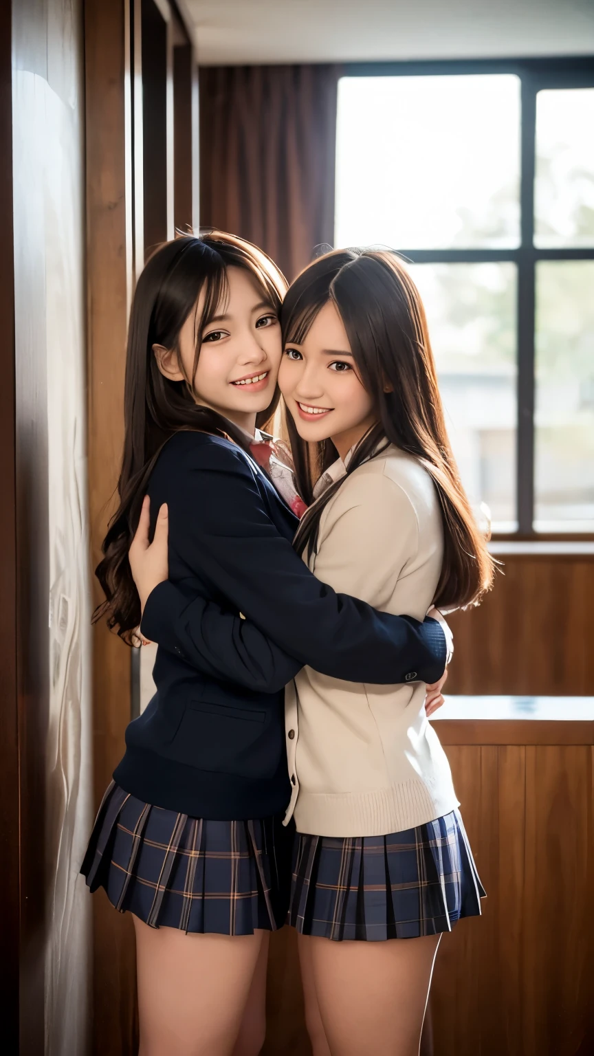  top quality，8k，smile， blazer，Uniform ribbon， mini skirt， high school girl， depicting multiple girls， colorful fashion， harem， idol group， photography， long hair， wearing a cardigan ， top quality， Big Breasts， happy girl , horny girl， yellow eyes， perfect face in the room，Standing， horny girl，Girls hugging each other ，One person&#39;s Bangs， beautiful eyes,corridor,Girls hugging each other , Smooth Hair ，Various hair colors ， 's naughty girl， beautiful girl， beautiful girl，  loose socks