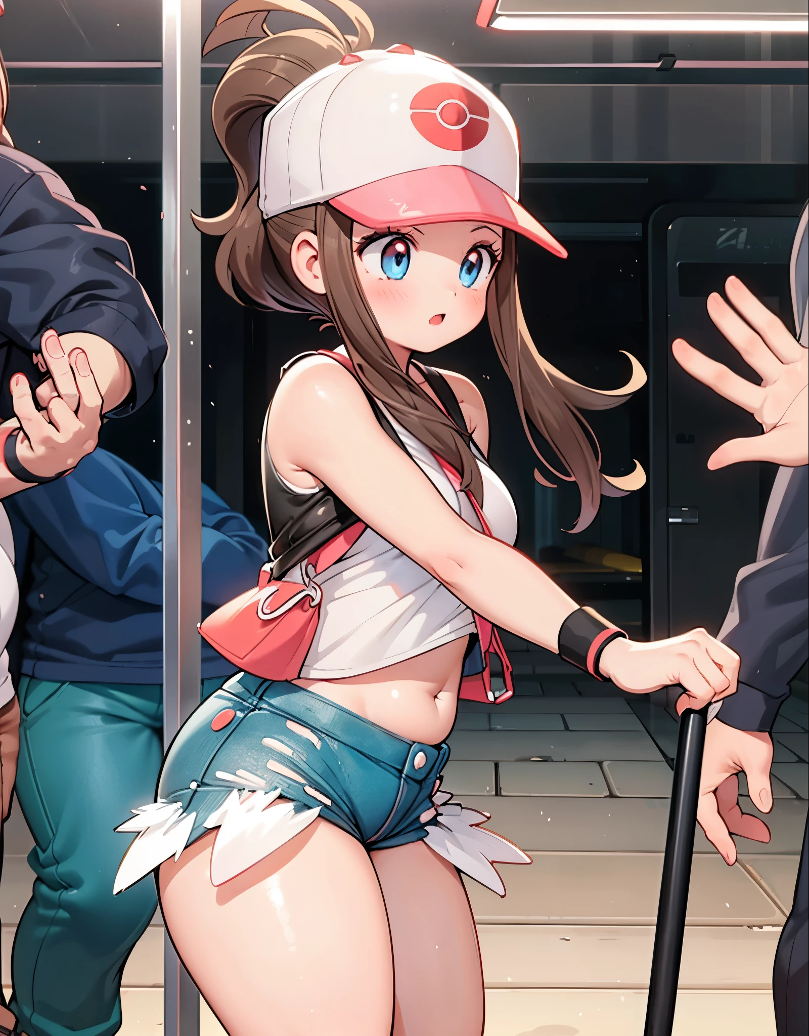 a girl being attacked and harassed by a group of men on the pokemon stadium, her breasts and thighs are being groped by men's hands, she is trying to escape, her expression reflects shame, sex from bihind, breast grab, legs grab, grouped, 1trainerleaf1, sleeveless shirt, black wristbands, belly button, visible thighs,thick thighs,red skirt,blue shirt, brown eyes, hat, pantyshot, white panties, lift skirt, flash , from below, (best quality,4k,8k,highres,masterpiece:1.2),ultra-detailed,(realistic,photorealistic,photo-realistic:1.37),1girl,beautiful detailed eyes,beautiful detailed lips,extremely detailed eyes and face,longeyelashes,in distress,groped,harassed,subway train,crowded,scared expression,realistic,cinematic lighting,dark at