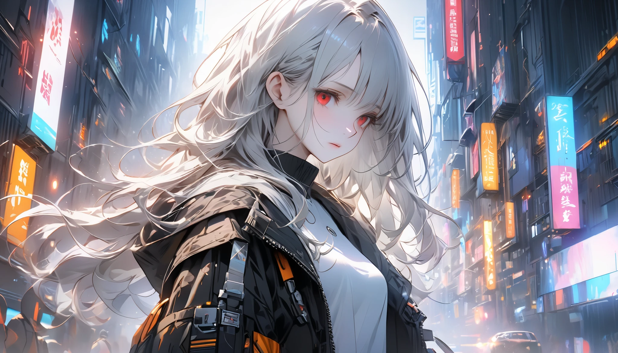 A young woman stands alone, holding the cold air with a pensive expression, feeling both anxiety and strength. An atmosphere of quiet reflection and hope hangs over her. There is a look of determination on her face. Cyberpunk. Soft and delicate shading gives a sense of inner strength amid uncertainty. Standing still amid the hustle and bustle of a big city. Night scene. The scene conveys a sense of inner conflict and introspection, highlighting doubts and anxieties. Highly detailedElegant and detailed, adding a dramatic and symbolic element to the scene, deep borders, bokeh, smooth textures, ultra detailed, high resolution, super detailed, (best quality, 16K, high resolution, masterpiece), subtle colors, vibrant colors, professional lighting, beautiful details with little projection, long hair, silver haired woman, pale skin, red eyes, rough fashion. Futuristic. Mini skirt, full body