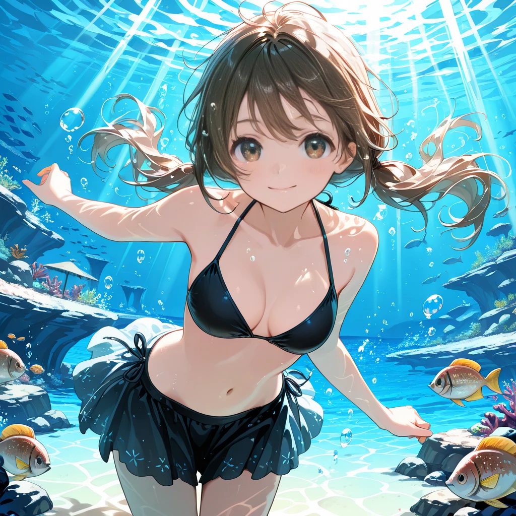 1 girl, long brown hair, blue eyes. hair in pigtails. pink bikini. doggystyle, tight booty.