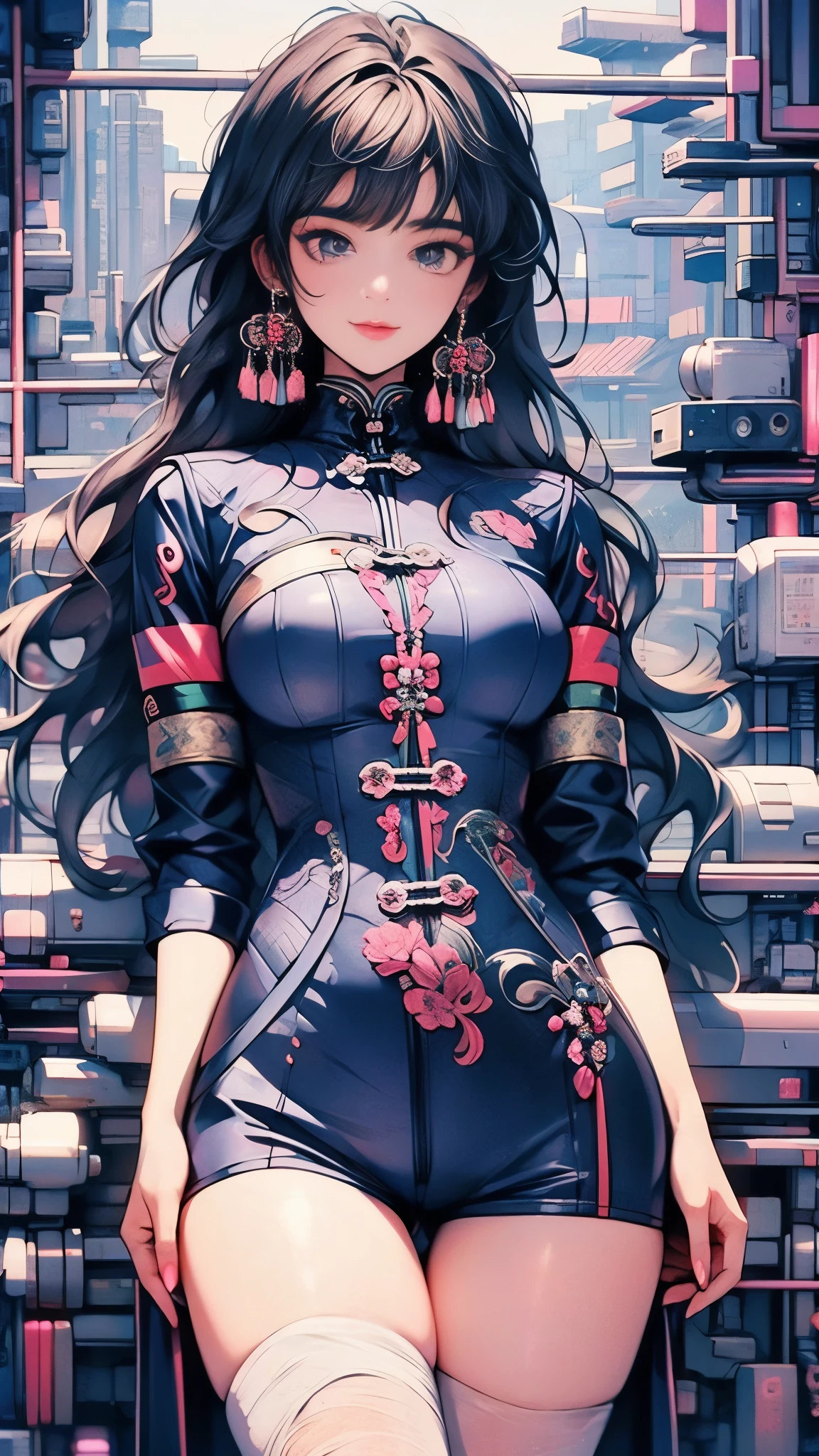 (RAW photo, best quality, masterpiece: 1.2), (Practical, photo-practical: 1.4), (Masterpiece: 1.4), (Best quality: 1.4), ((Cyberpunk girl)) Chinese clothing, (( Dynamic pose)), (((Cyberpunk temple background))), Hair intake, ((Long hair invisible)), Looking at viewer, Smiling, (((Thigh gap))), Thighs, Very long hair , colorful hair, Alice\(nods\), (glowing skin), practical.