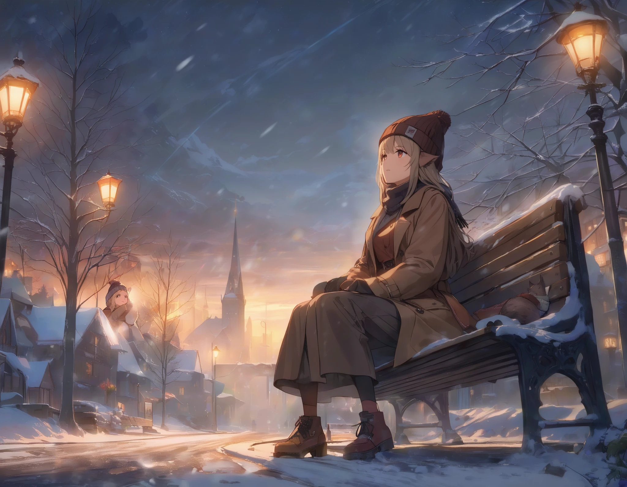 ((masterpiece, best quality, extremely detailed, absurdres)),(beautiful landscape,fantasic illustration,cinematic lighting),snowy town,night,selenity,street light,snow-covered trees,1girl,sitting on bench,looking up the sky,solo,light brown hair,long hair,amber eyes,wild boar's ears,beanie cap on head,white far muffler,trench coat,