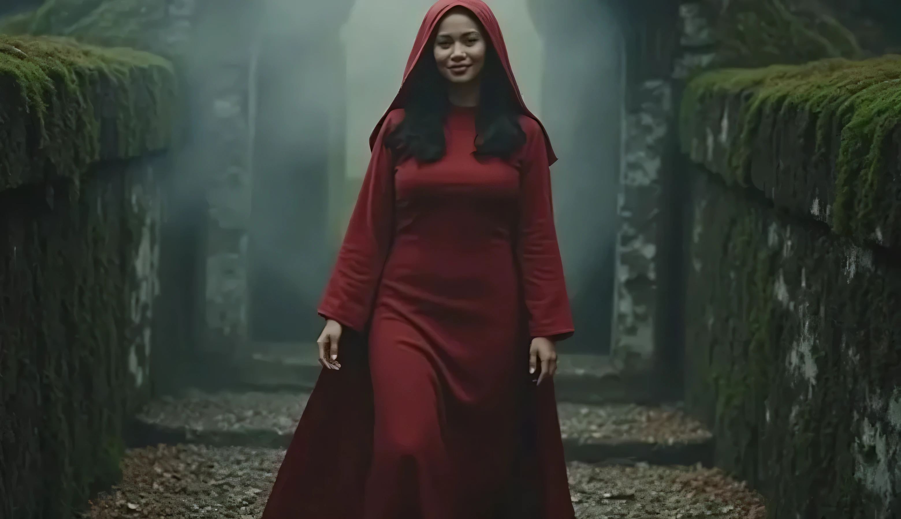 (( FRONTAL view )) cinematic SHOT, sudden jump cut, fast zoom , a mystical woman in red hood with long red nun costumes , come out from the ancient tomb is covered n moss, shrouded in mist. a golden hours, dim light