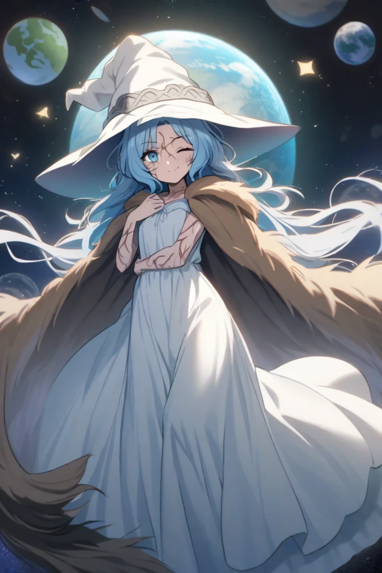 ranni, cracked skin, skinny skin, one eye closed, witch hat, white headwear, brown fur cloak, white dress, she in the moon, background in the space with planet earth, whitish blue hair, long dress, long hair, she is 18 years old, small breast,