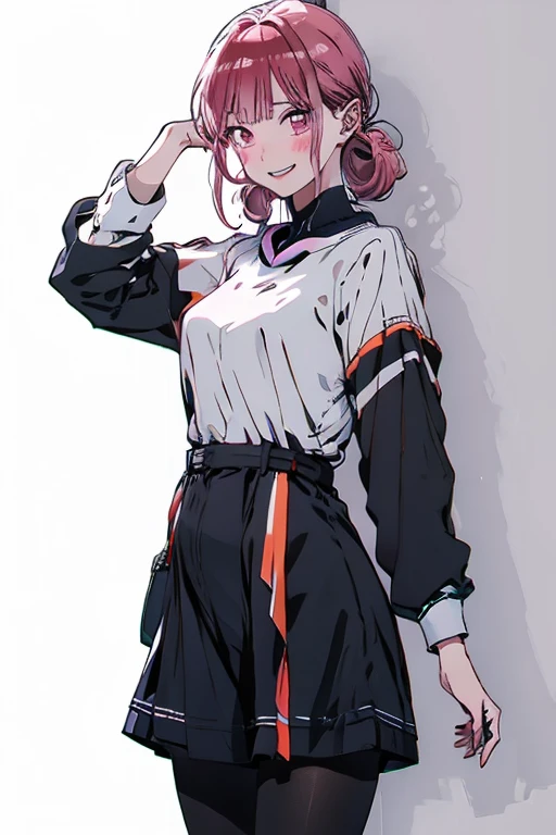 Nino Nakano riendo,colmillos,manos detalladas,Pose sexy,uniforme escolar color blanco de medias largas con sueter,preparatoria