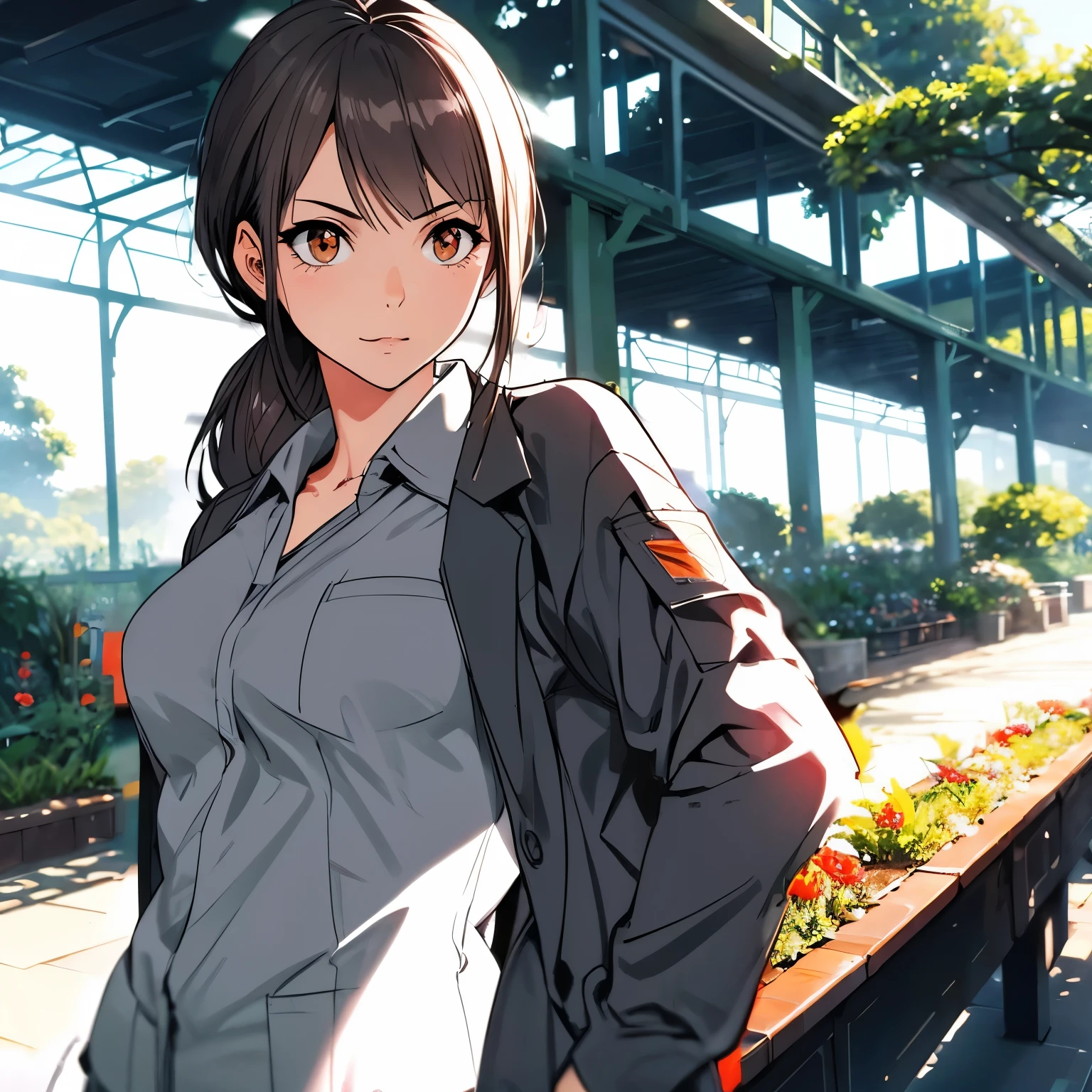 The background is Botanic Gardens 。 surrounded by lots of plants。Woman in a green area 。
