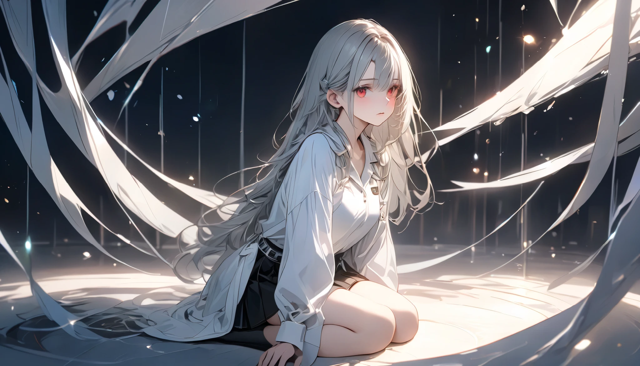 A young woman stands alone, holding the cold air with a pensive expression, feeling both anxious and strong. An atmosphere of quiet reflection and hope hangs over her. There is a look of determination on her face. The soft and delicate shading lends a sense of inner strength amid uncertainty. A night scene. The scene conveys a sense of inner conflict and introspection, highlighting doubts and anxieties. Highly detailedElegant and detailed, adding a dramatic and symbolic element to the scene, deep borders, bokeh, smooth textures, ultra detailed, high resolution, ultra detailed, (best quality, 16K, high resolution, masterpiece), subtle colors, vibrant colors, professional lighting, beautiful details with little projection, long hair, silver haired woman, pale skin, red eyes, futuristic, mini skirt, full body