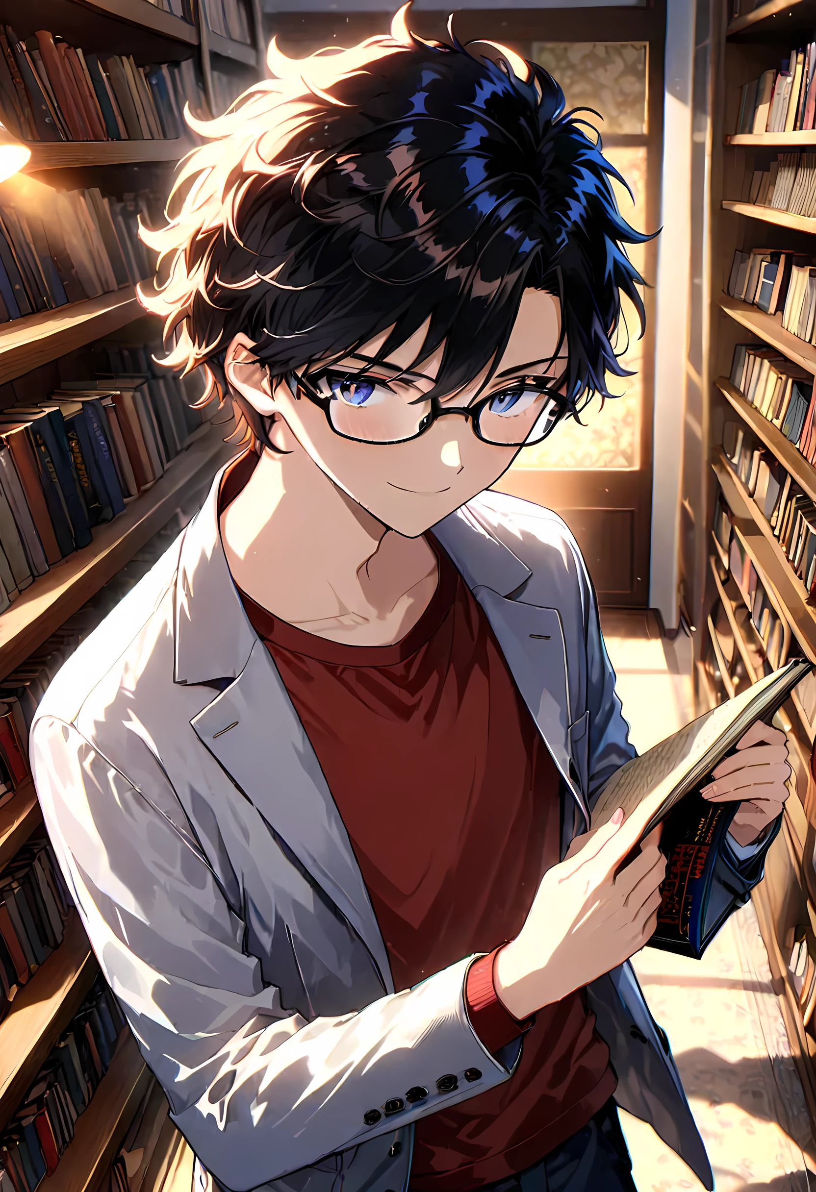 (masterpiece:1.2, best quality, high resolution, wallpaper, illustration:0.8, beautiful detailed eyes:1.6, extremely detailed face, perfect lighting, extremely detailed CG, dynamic pose, perfect hands, perfect anatomy, highly detailed, anime-style, soft natural colors, gentle lighting, contemporary setting, form above angle, warm and inviting atmosphere, relaxed and intellectual expression, cozy aesthetic, stylish pose, modern background, young adult male, age 22-23),core_9, score_8_up, score_7_up, gbfpxnl, masterpiece, highly detailed, Male Anime Character, A confident young adult male (age 22-23) with short black hair and glasses, wearing a deep red t-shirt and a dark reddish-brown overcoat draped over his shoulders. He stands in a quiet and cozy library, casually flipping through a magazine with a relaxed and cheerful smile. His sharp yet approachable expression reflects both intelligence and a lighthearted charm.
The scene is captured from a form above angle, highlighting his composed yet easygoing demeanor. The background features tall wooden bookshelves filled with neatly arranged books, warm ambient lighting, and soft shadows that create a calm and inviting atmosphere. The modern setting enhances the sophisticated yet youthful energy of the scene, portraying a contemporary, everyday moment in the life of a young intellectual.