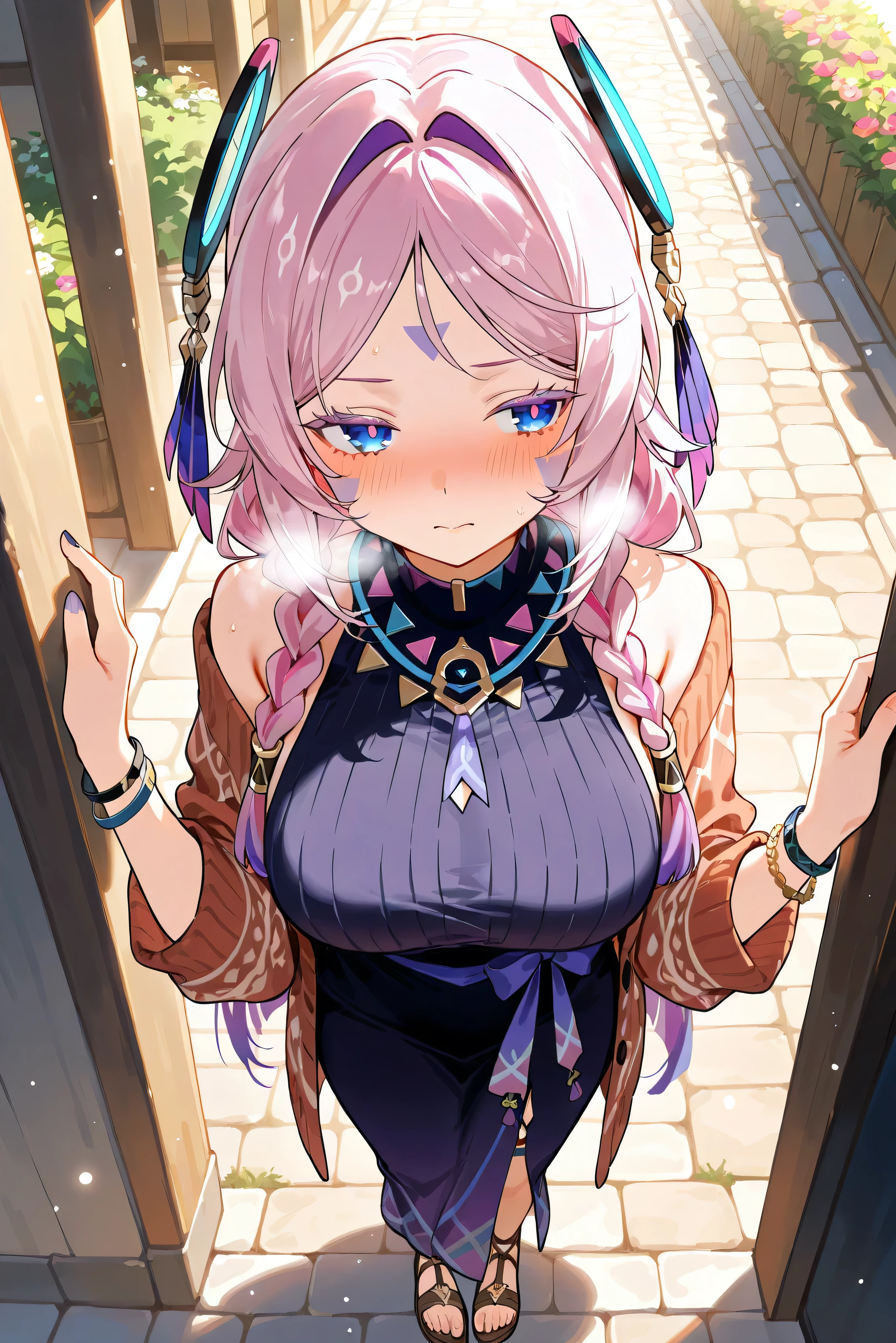 score_9, score_8_up, score_7_up, masterpiece, best quality, very aesthetic, absurdres, tunning image, light particles, attractive image, 1girl, adult grown woman, citlali \(genshin impact\), pink hair, purple hair, multicolored hair, twin braids, hair intakes, blue eyes, forehead mark, lavender eyelashes, pink pupils, headgear, long hair, colored eyelashes, blush, heavy breathing, masterpiece,best quality,amazing quality, nails, 5 fingers, alternate costume, An anime character in a boho chic traveler outfit, wearing a flowing maxi dress with intricate ethnic patterns in warm earthy tones, a cozy knitted cardigan, and stylish leather sandals. They accessorize with beaded necklaces, woven bracelets, they stand on a cobblestone street in a charming, sunlit village surrounded by blooming flowers and rustic buildings
