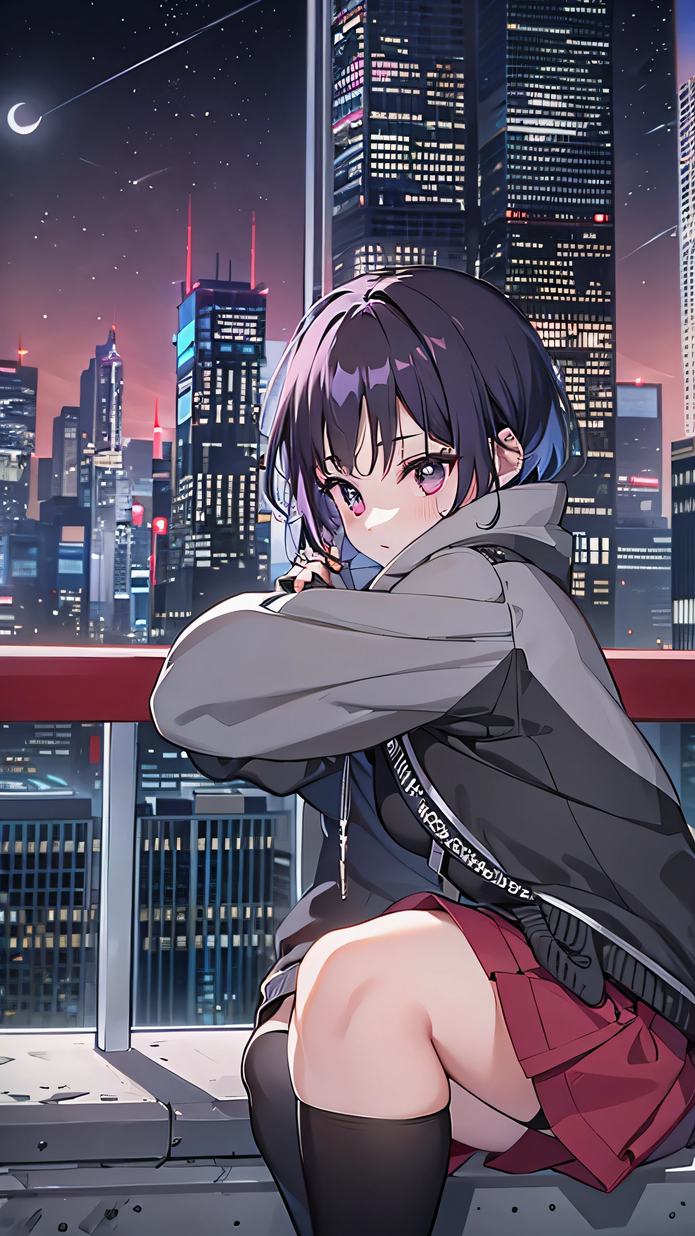 Anime girl sitting on a ledge in front of a city skyline - SeaArt AI